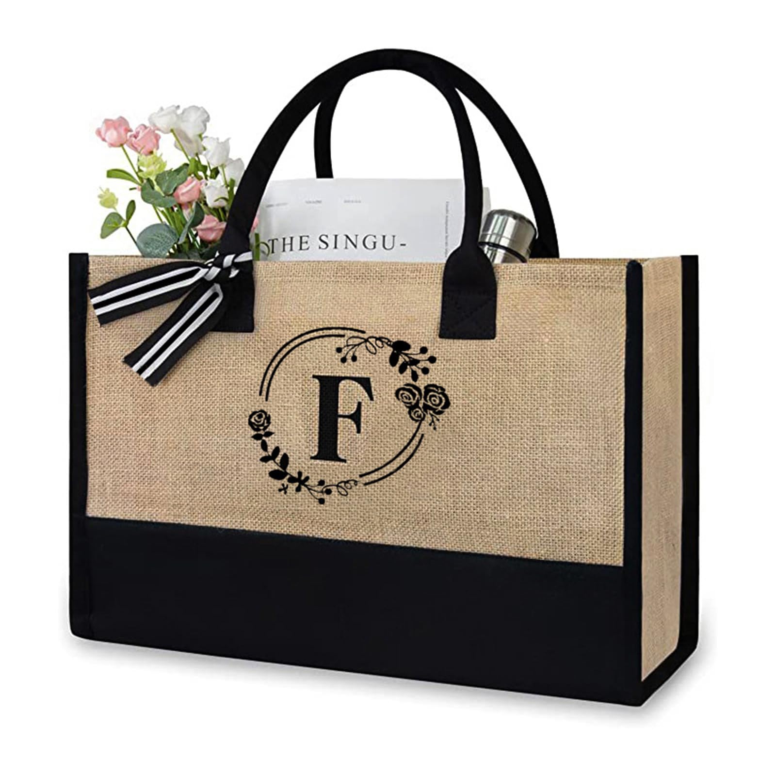 soulnioi Cotton Jute Tote Bag Reusable Shopping Bag, Personalized Flowers Letters Printed Bag for Women/Men
