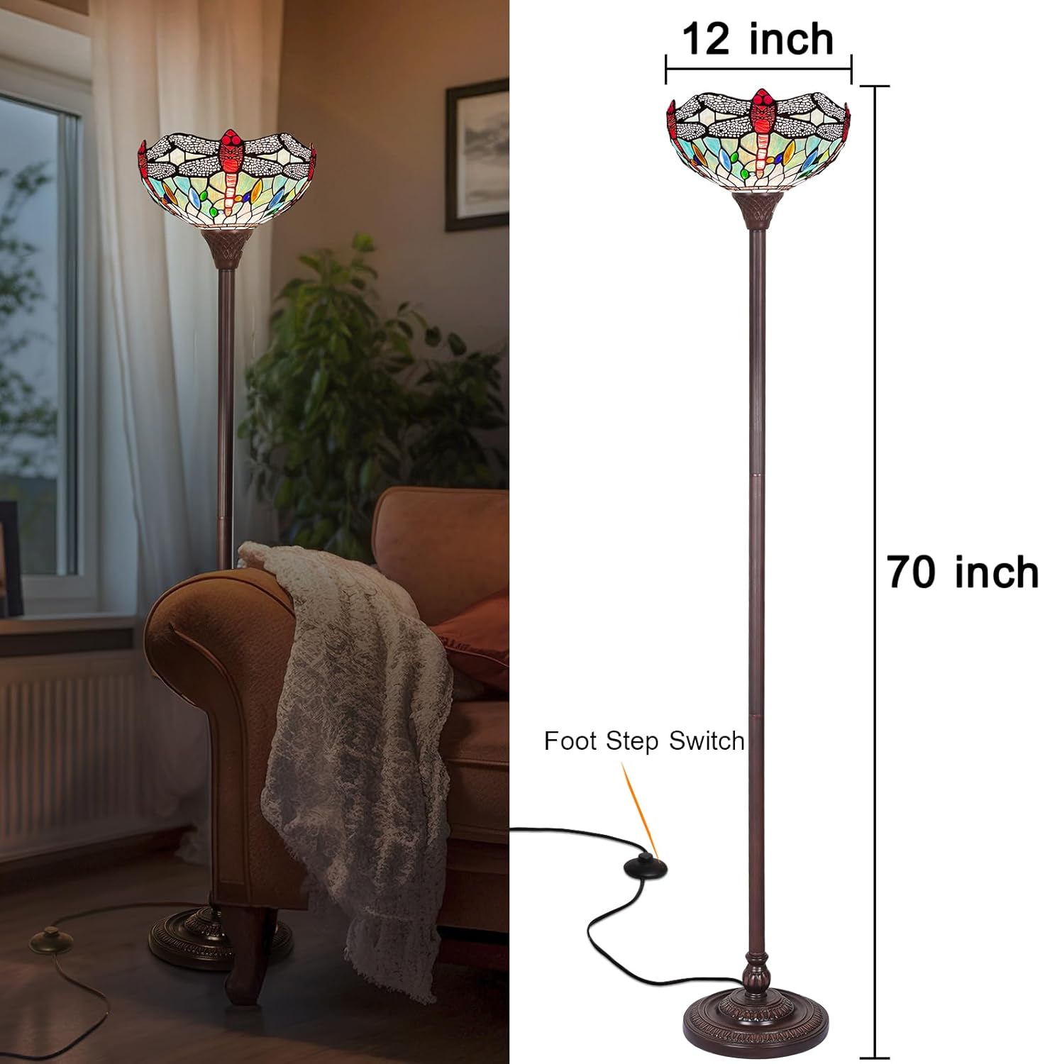 Capulina Tiffany Lamp Stained Glass Torchiere Floor Lamp 12x12x70 Inches Industrial Blackish Bronze Pole Fine Sky Dragonfly Tiffany Style Torch Standing Lamp for Living Room Bedroom Study Home Office