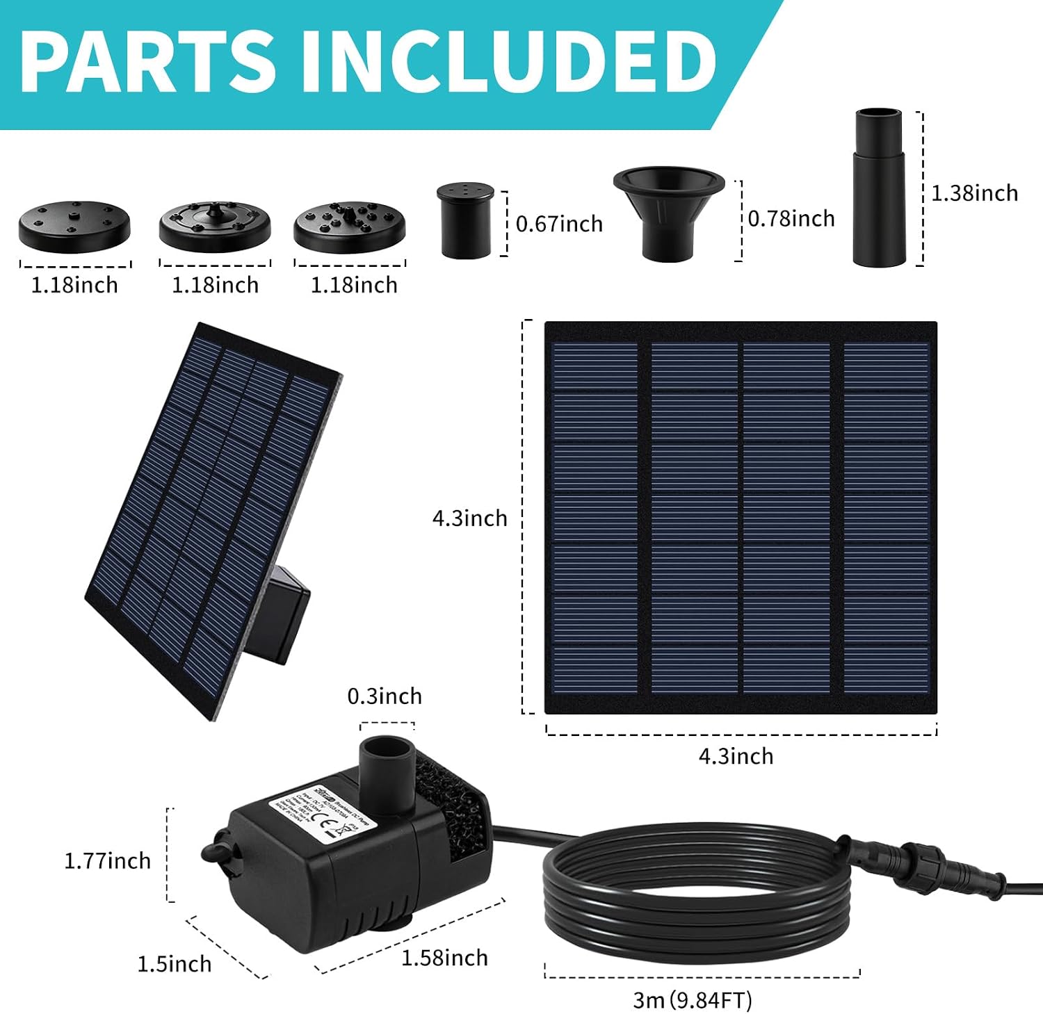 Solar Fountain Pump, DIY Solar Water Pump Kit for Bird Bath, Upgraded 1.8W Solar Powered Fountain with 9.84FT Cord & 4 Nozzles Modes for Outdoor Features, Ponds, Garden, Fish Tank