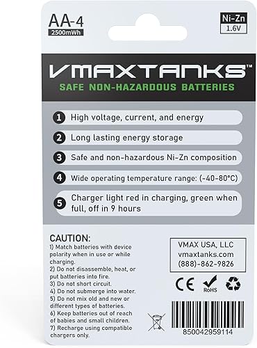 Miniatura 2 de VMAX AA-4CH Ni-Zn - Paquete de 4 baterías recargables AA para dispositivos de alto drenaje + cargador de 1.6 V 2500 mWh + estuche de almacenamiento