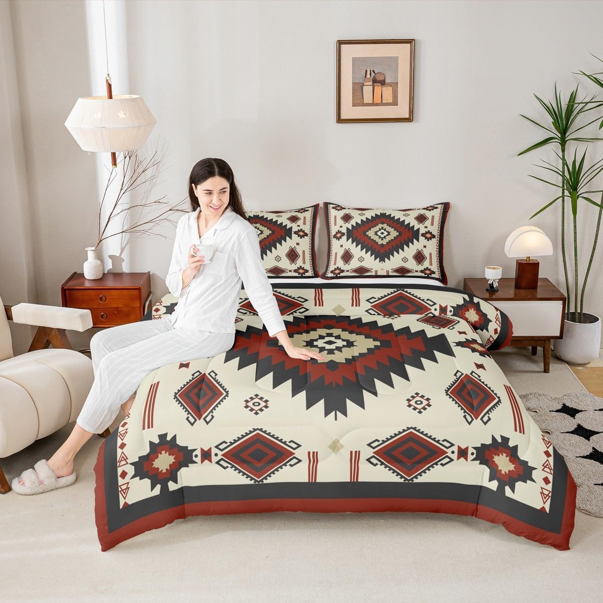 Feelyou Southwestern Bedding Set Geometric Comforter Set for Kids Boys Girls Tribal Native Comforter Vinatge Exotic Style Quilt Set with 2 Pillowcases 3Pcs Bedding Queen