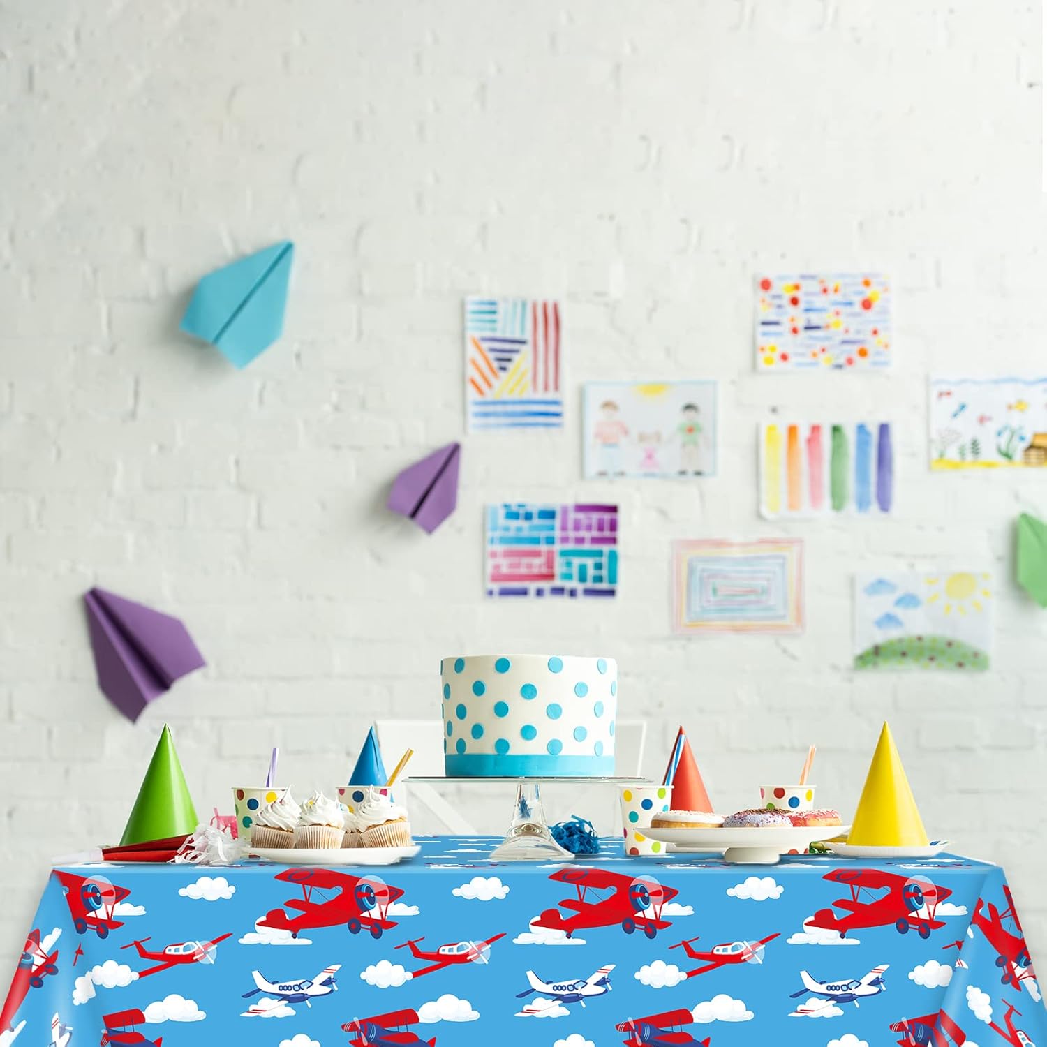 Wiooffen 3pcs Airplane Party Tablecloth Supplies Plane Plastic Table Cloth Helicopter Blue Sky Theme Table Cover Favors Disposable Tablecloths Birthday Decorations for Kids, 54” x 108” - Image 7