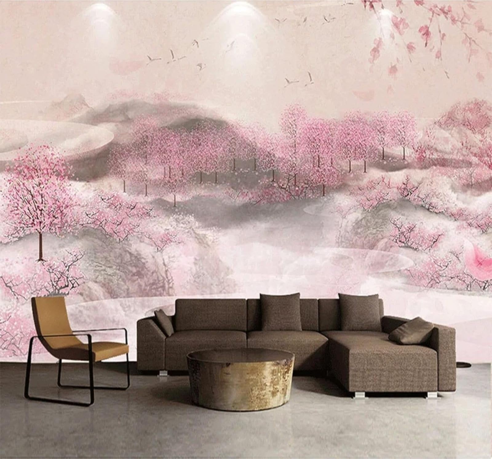 XLMING Hand Drawn Beautiful Pink Peach Tree Art 3D Wallpaper Silky Texture Home Study Office Grey Dining Room Sofa Bedroom Living Room TV Backdrop-300cm×210cm
