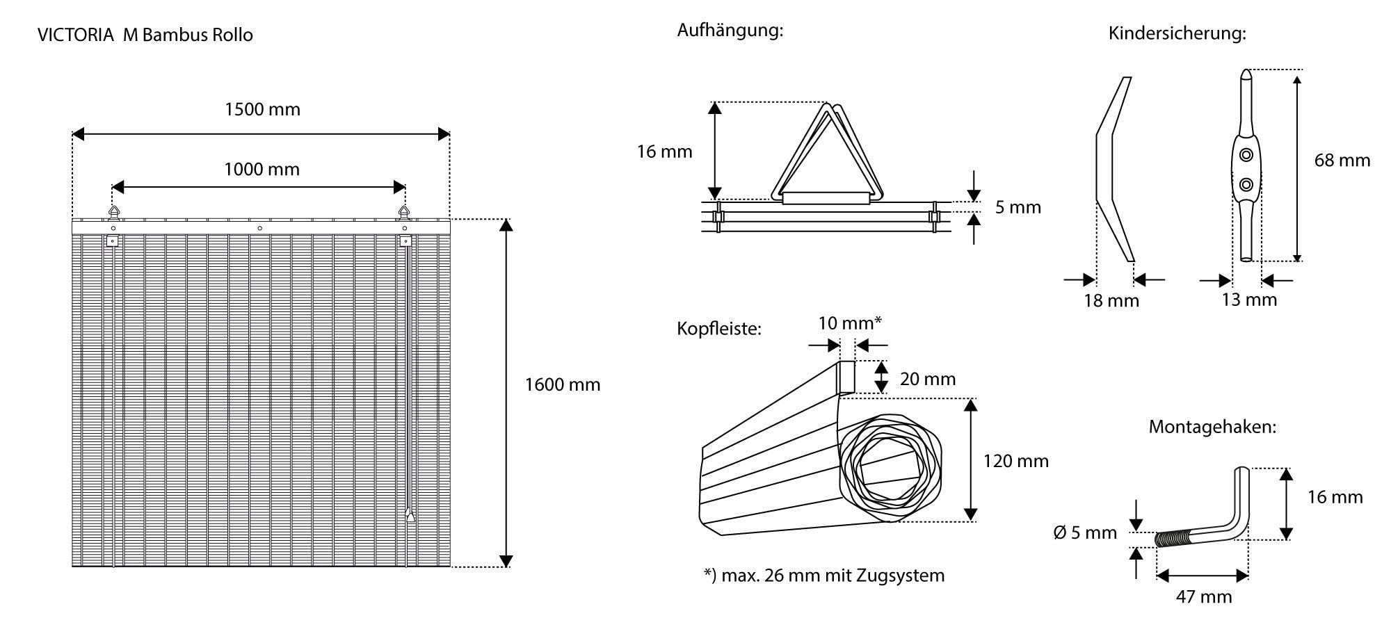 Victoria M. Bambusrollo Sonnenschutz Sichtschutz Rollo Seitenzugrollo, für Fenster und Türen, Blickdicht, 150 x 220 cm, Braun