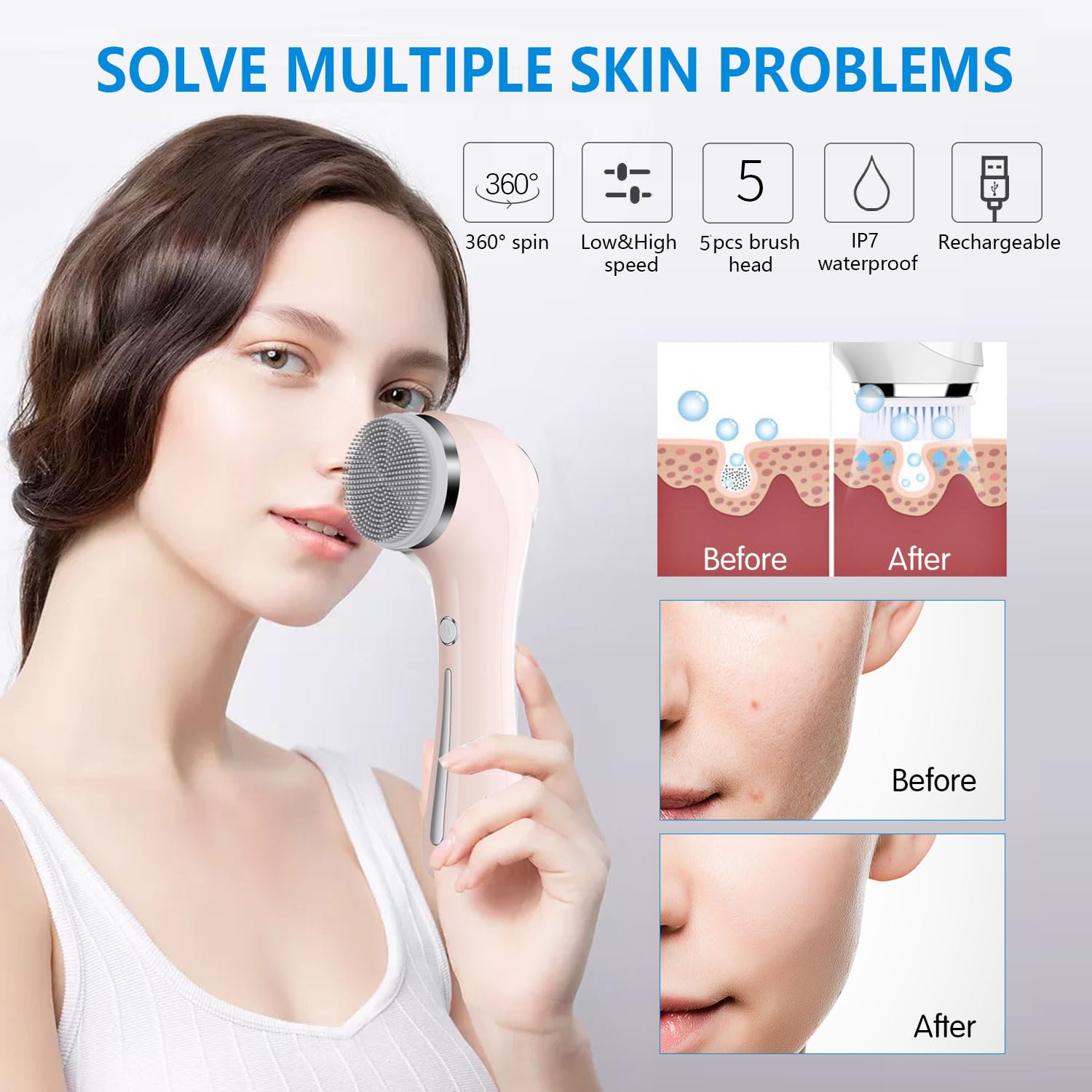 Cepillo de limpieza facial, 2 en 1, resistente al agua, IPx7, con 4 cabezales de cepillo, cepillo facial exfoliante recargable, limpieza profunda, exfolia suavemente y elimina puntos negros, rosa