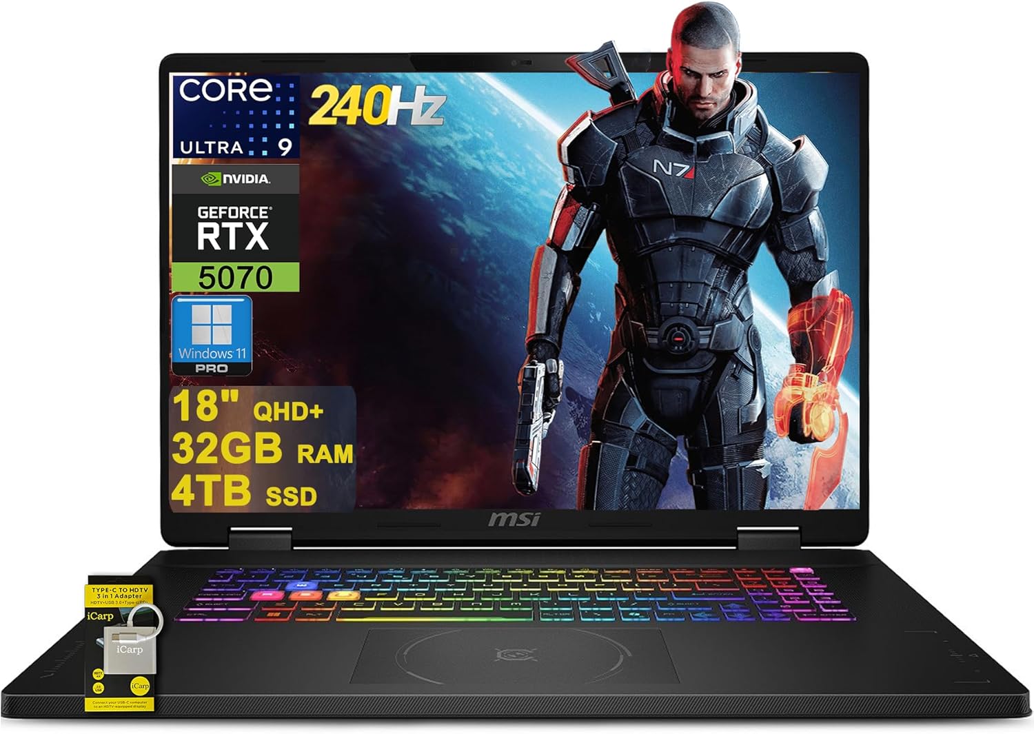 msi Crosshair 18 HX AI Gaming Laptop 18″ QHD+ IPS 240Hz Intel 24-core Ultra 9 275HX (>i9-14900HX) 32GB DDR5 4TB SSD GeForce RTX 5070 (Up to 798 AI Tops) RGB Backlit Thunderbolt Win11Pro ICP Hub