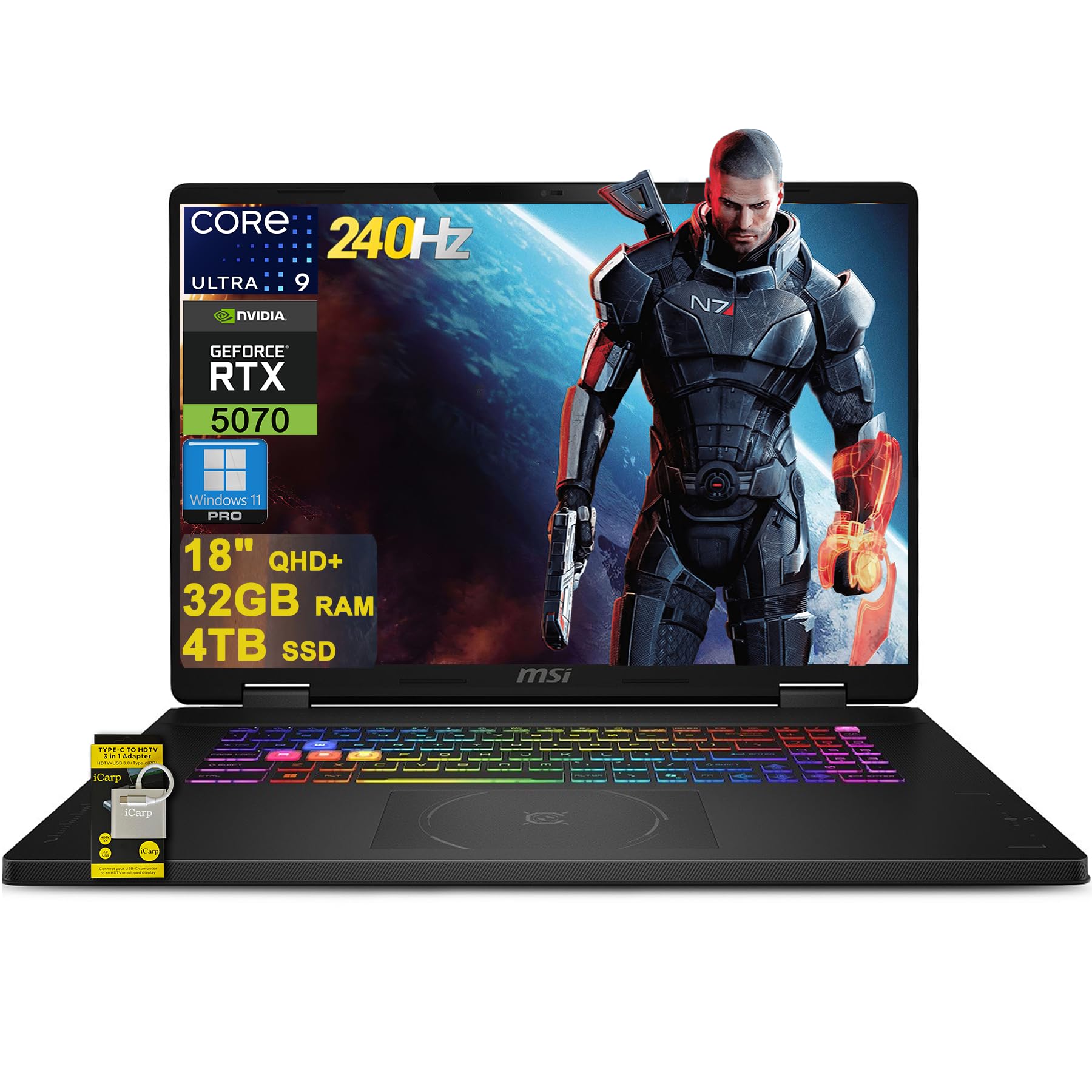 msi Crosshair 18 HX AI Gaming Laptop 18" QHD+ IPS 240Hz Intel 24-core Ultra 9 275HX (>i9-14900HX) 32GB DDR5 4TB SSD GeForce RTX 5070 (Up to 798 AI