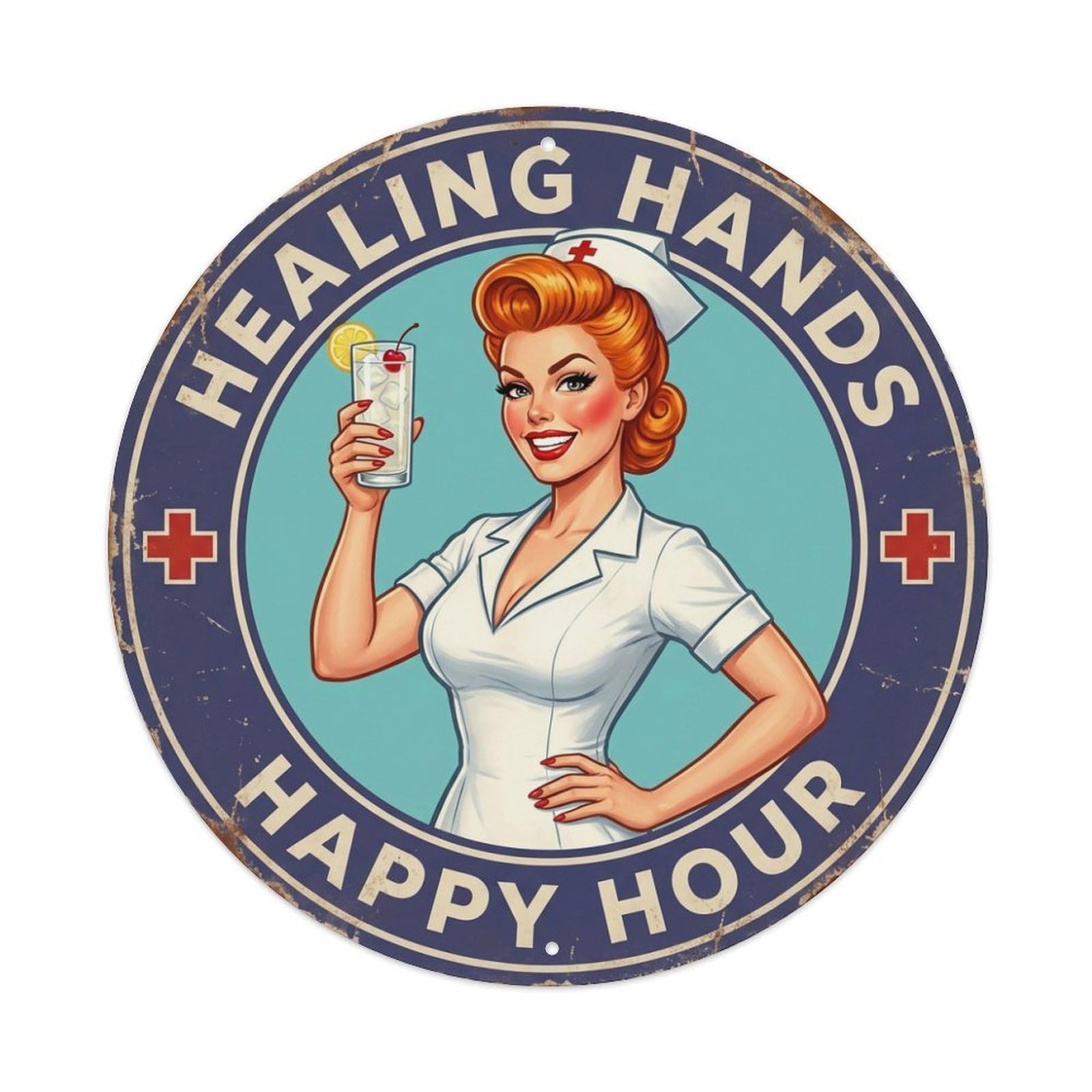 Healing Hands Happy Hour Nurse Highball Glass Metal Tin Sign