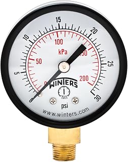 Winters 2 inch Dial Size, Economy Utility Dry Pressure Gauge, Brass Internals, Black Steel Case, Dual Scale 0-300 psi/kPa, 3-2-3% Accuracy, 1/8 inch NPT Bottom Mount, Multi Function Pressure Gauge