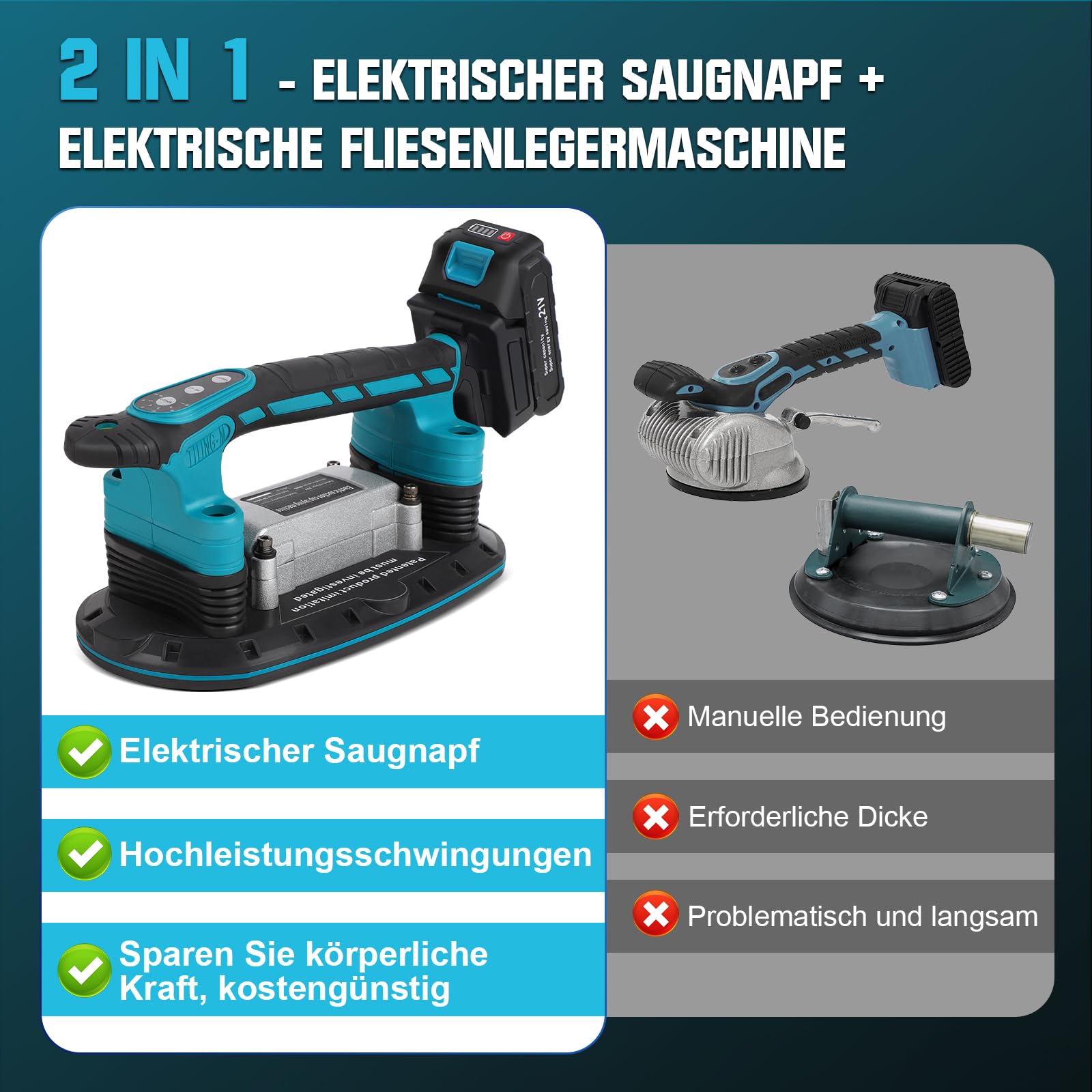 Fliesenvibrator 12000VPM Fliesen Fliesenmaschine, 30-225mm 250KG Fliesenrüttler Nivelliermaschine Upgrade Saugnapf 6 Geschwindigkeit Einstellbarer Boden Fliesen Vibrationsgerät (2x 2.5Ah Akku)