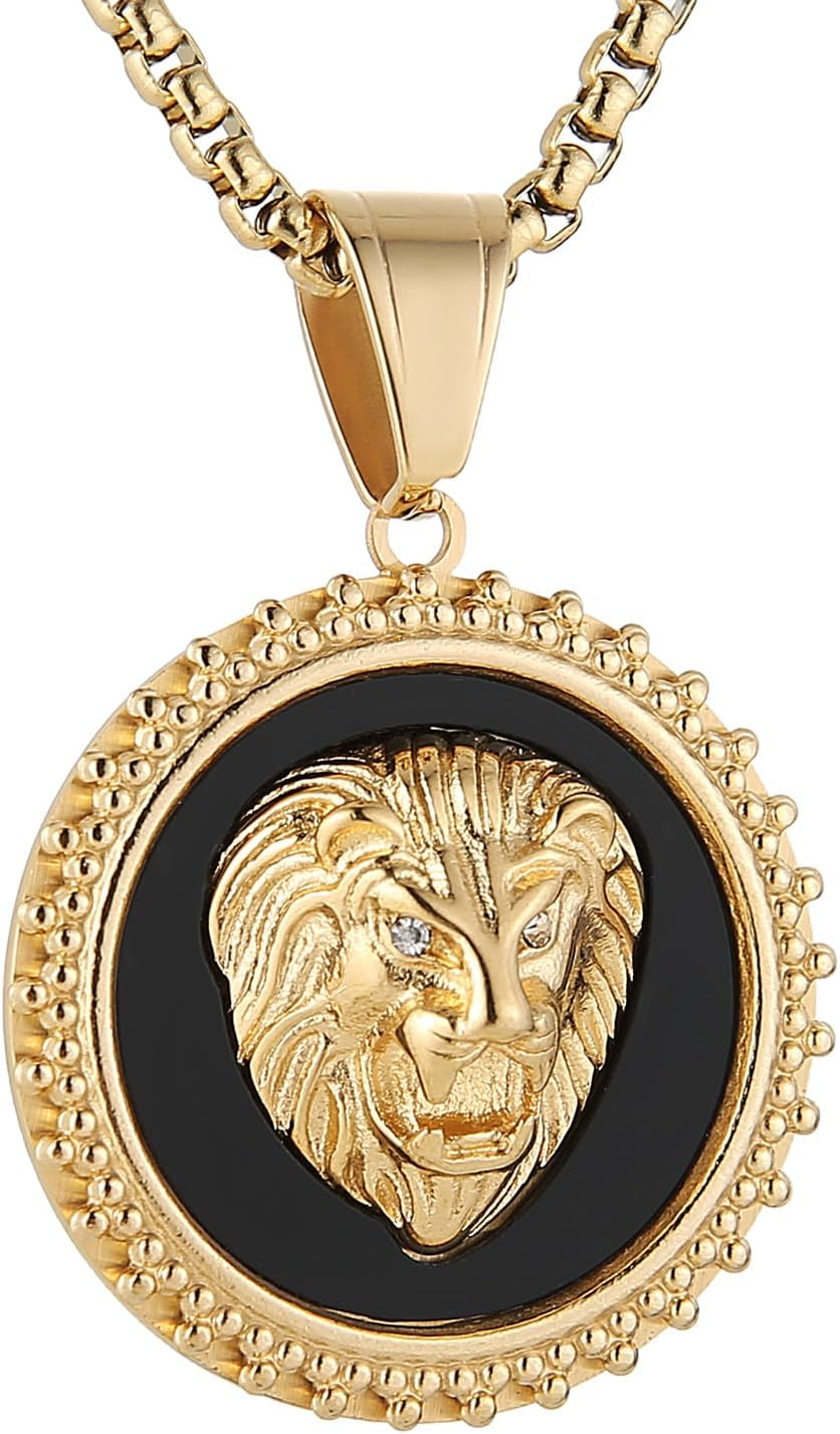 HZMAN Mens Lion Circle Medal Necklace Gold Plated Stainless Steel Shiny CZ Pendant
