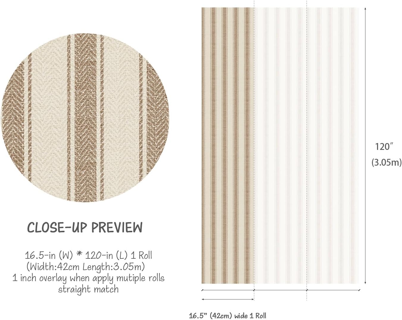 Neutral Beige Stripe Peel and Stick Fabric Canvas Wallpaper - Temporary Wallpaper for Accent Wall, Bathroom, Bedroom, Living Room (Brown)