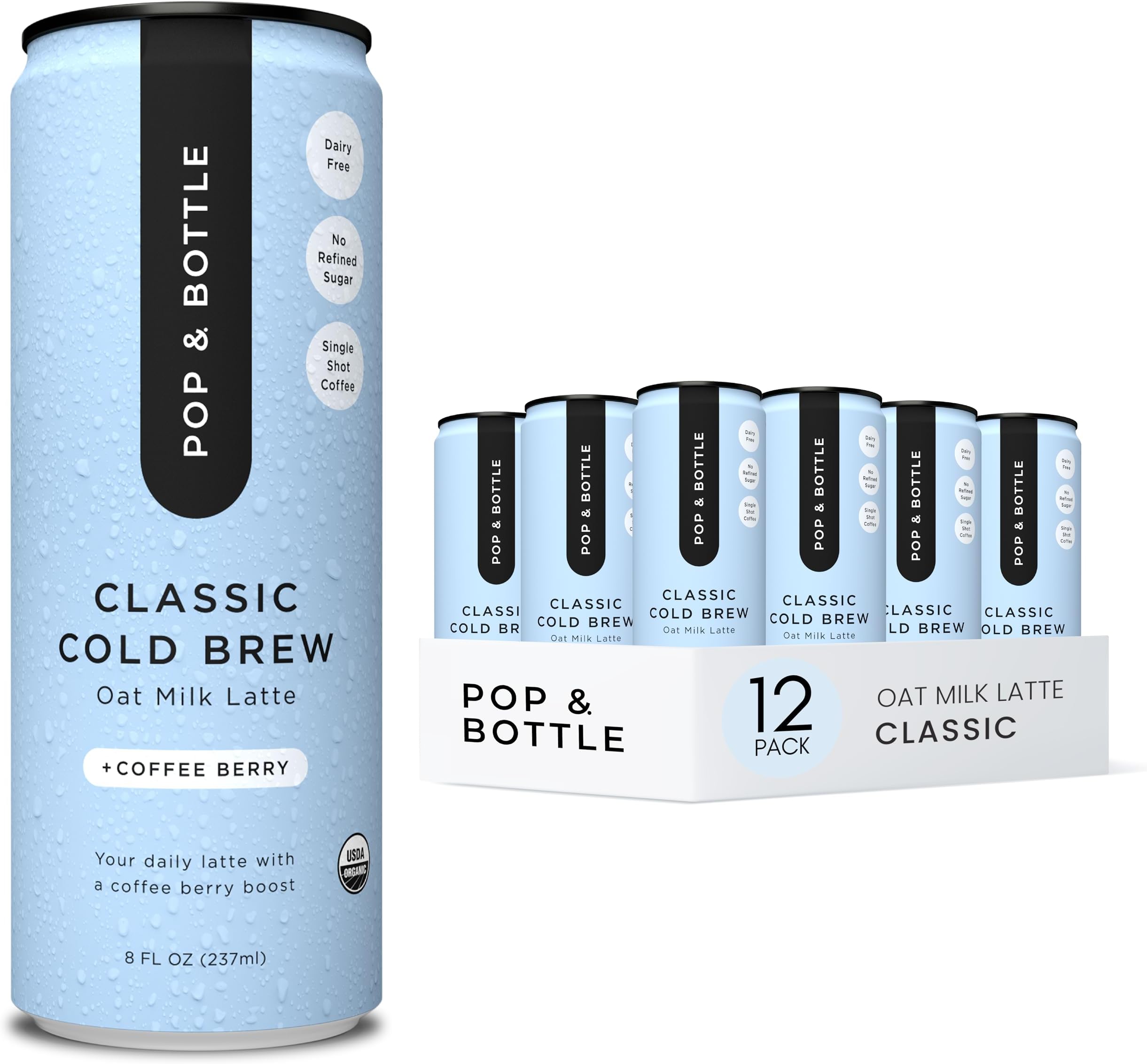 Oat Milk Lattes - Cold Brew with Coffee Berry Antioxidants, MCT Oil, Organic, Dairy Free, Gluten Free, Great as Iced Coffee, Lightly Sweetened with Dates - Classic, 8 Fl Oz (12 Pack)