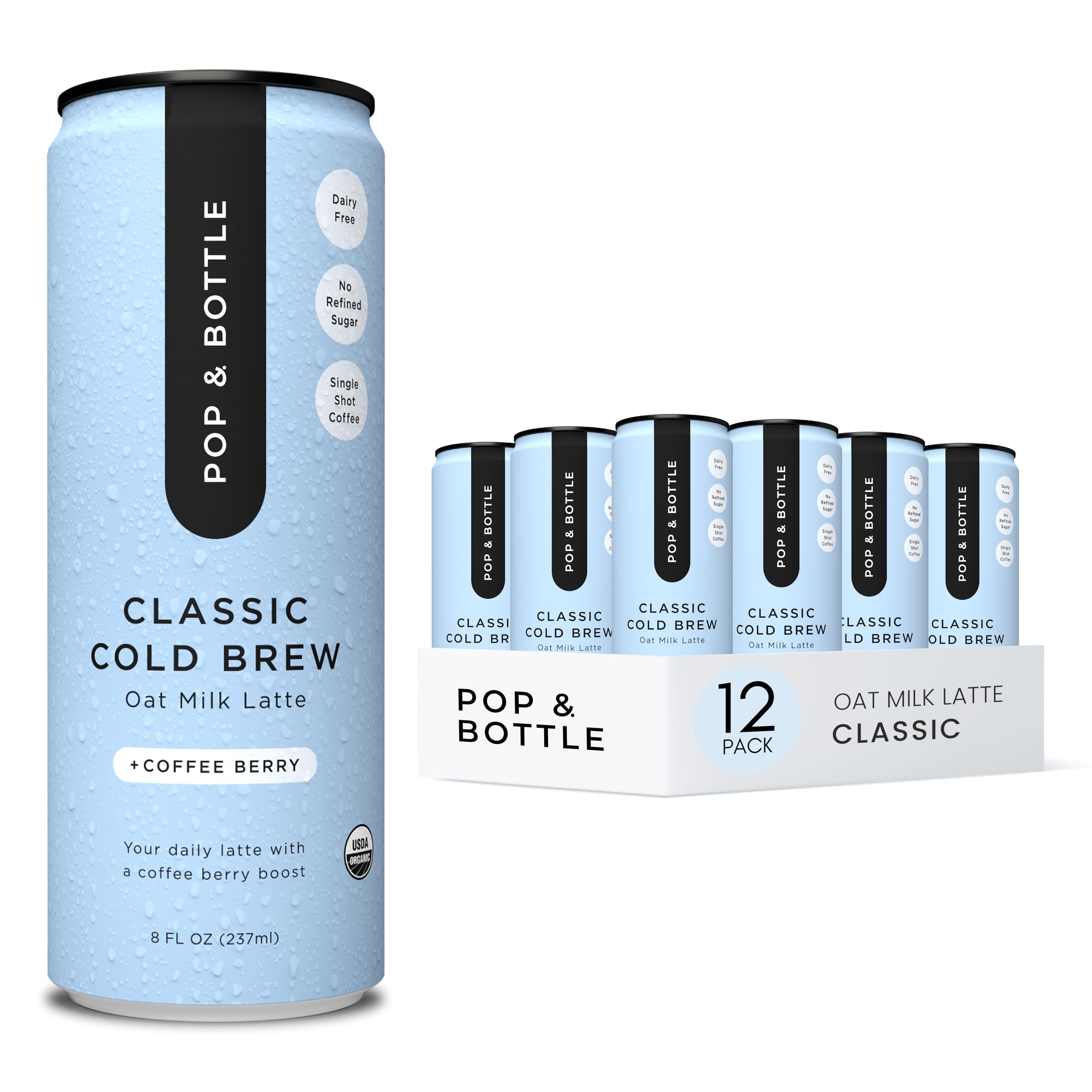 Pop & Bottle, Oat Milk Classic Lattes - Cold Brew, Coffee Berry, MCT Oil, Organic, Dairy Free, Gluten Free, Vegan, Great as Iced Coffee, Lightly Sweetened with Dates - 8 Fl Oz (12 Pack)