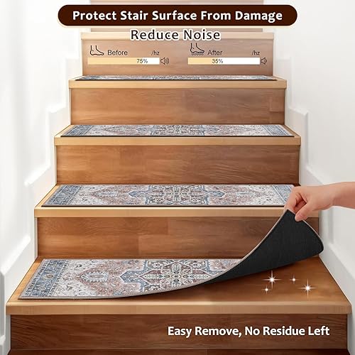 Miniatura 93 de OJIA Alfombra antideslizante a juego para peldaños de madera, parte trasera de goma cuadrada antideslizante, alfombra de aterrizaje para escaleras