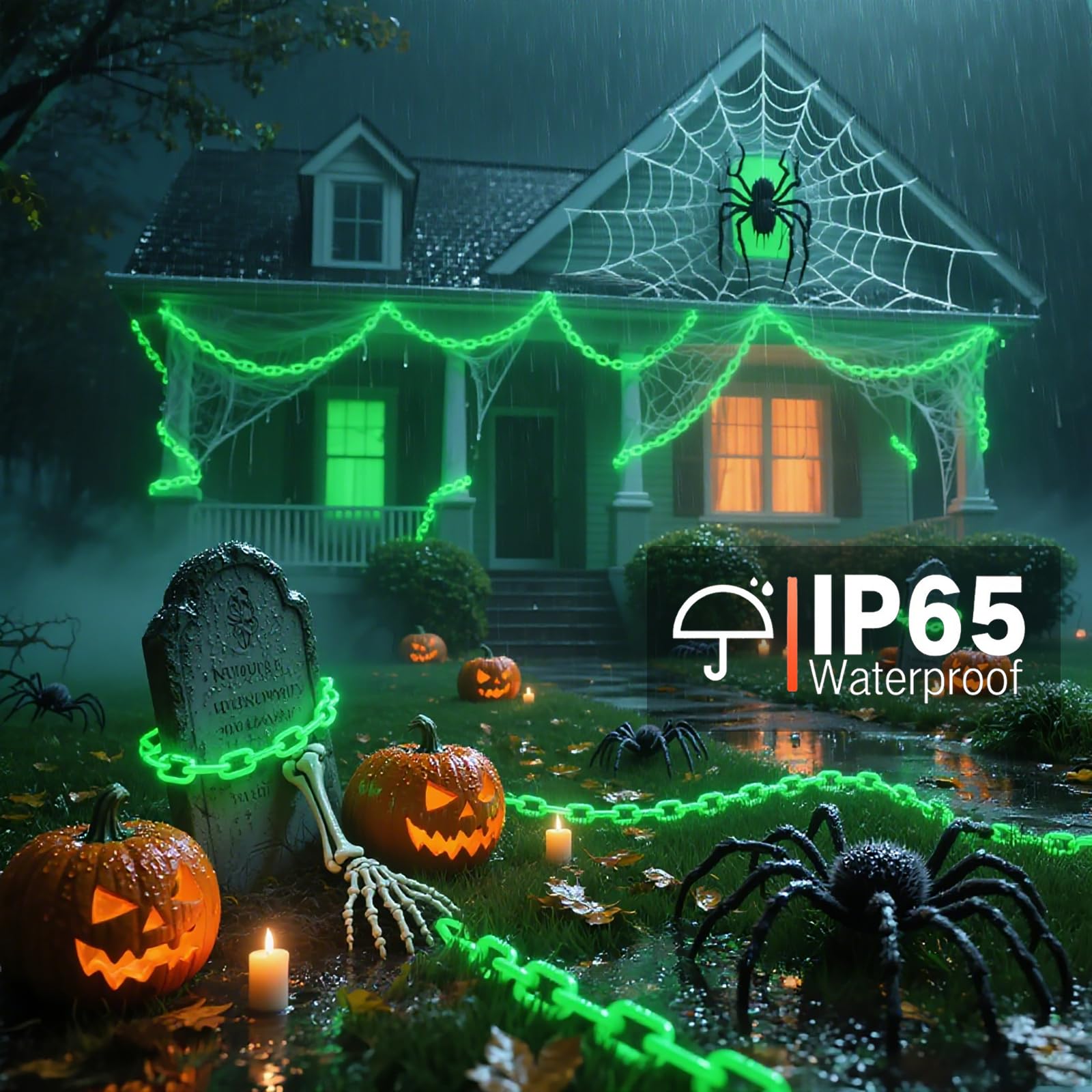 Catene verdi da 3 m a batteria, luci di Halloween, decorazioni di Halloween per esterni e interni, 8 modalità di illuminazione con timer per feste, casa infestata, scheletro, cane, raccapricciante