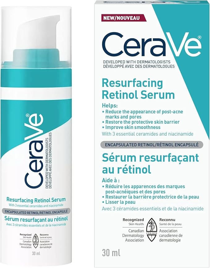 CeraVe Resurfacing RETINOL Serum For Face with Niacinamide. Helps even Skin Tone & Smoothness, Post-Acne Marks & Pore Minimizer. Gentle, Fragrance-free, Non-Comedogenic, Safe for Sensitive Skin, 30ML