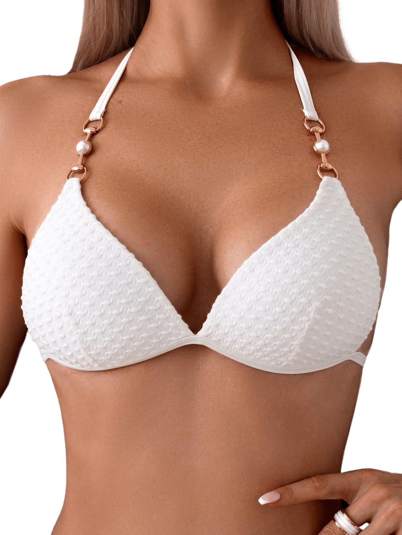 GORGLITTER Bikini para mujer con cadenas, juego de bikini triangular, bikini sexy, traje de baño de dos piezas con perlas
