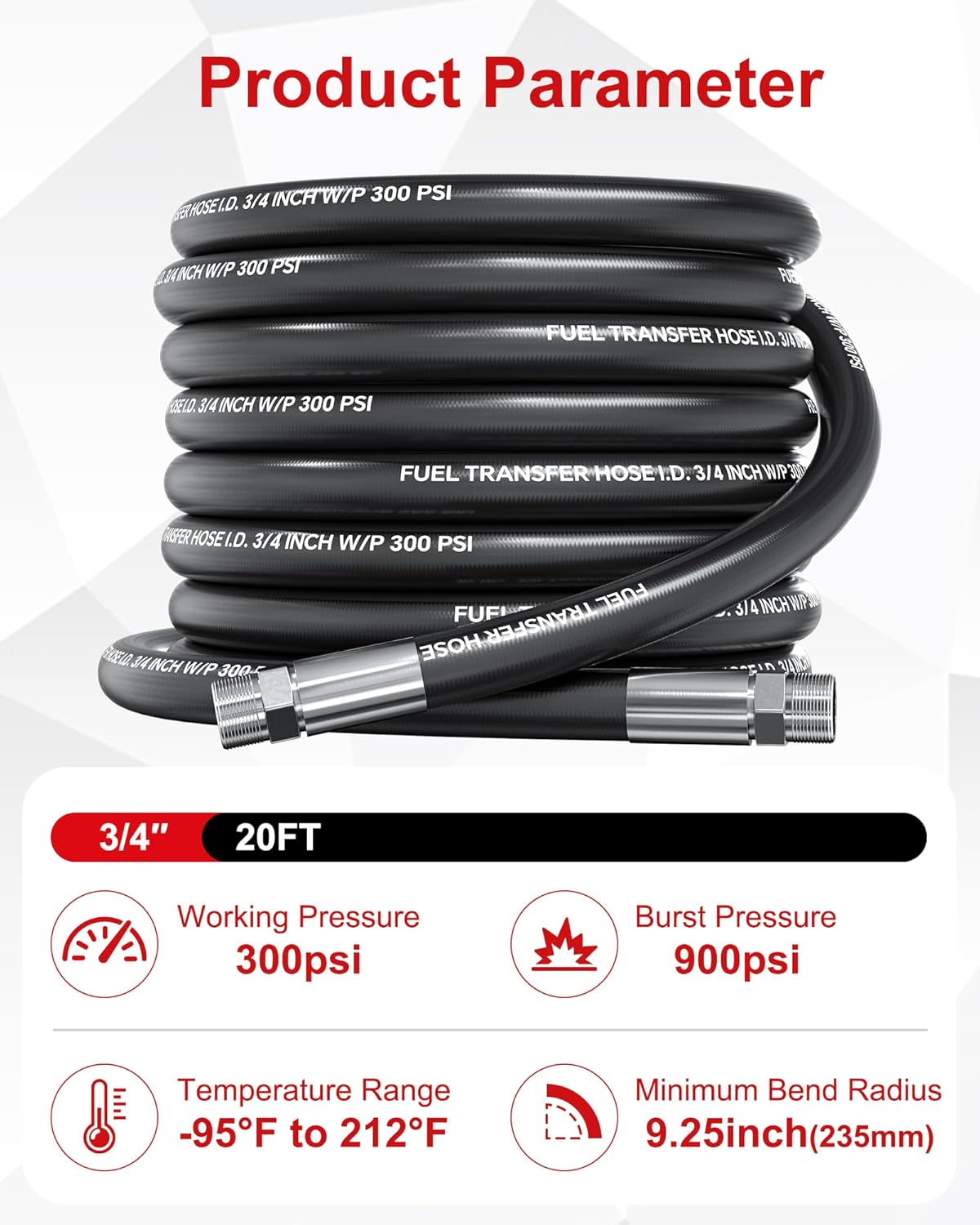POHIR 20FT 3/4" Fuel Transfer Hose 300PSI, Fuel Hose for Farm Diesel Gasoline Kerosene Biodiesel, Braided with Stainless steel