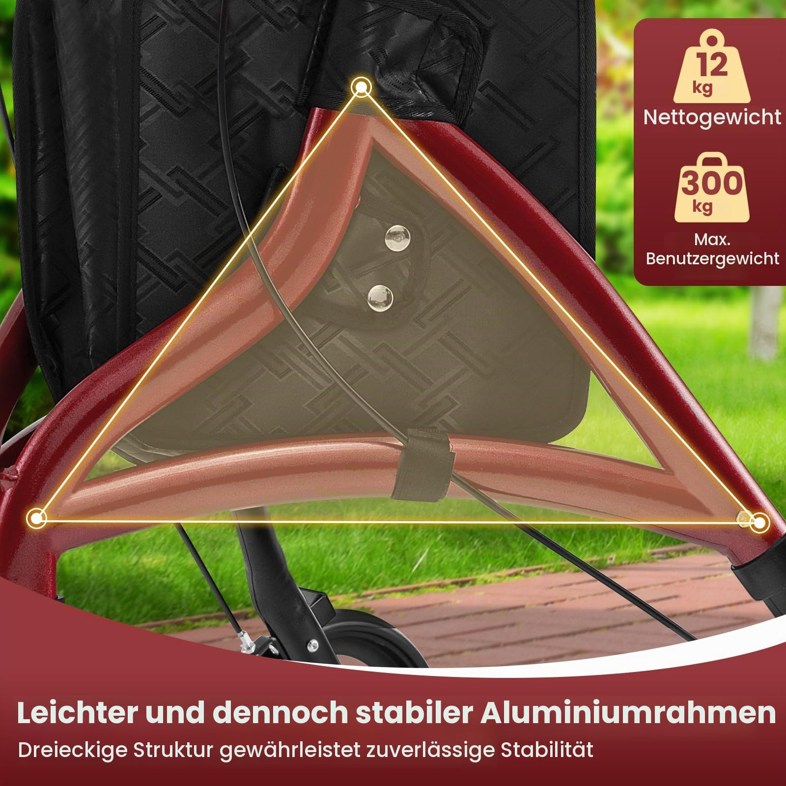 FANTASK Dreirad Rollator faltbar und leicht, 3-Rad Leichtgewichtrollator mit Sitz 6-fach höhenverstellbar, Gehwagen mit Tasche & Bremse, Aluminiumrahmen für Senioren & Erwachsene (Rot)