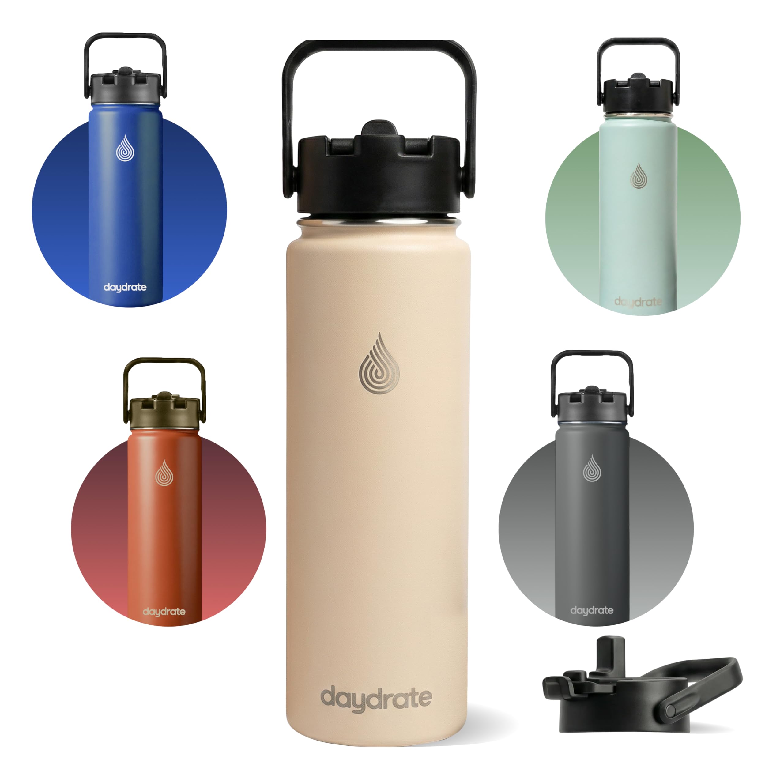 Insulated Metal Water Bottle with Straw 750ml- Stainless Steel Water Bottle, BPA Free, Lid Straw & Spout, Leakproof, 24 Hours Cold & Hot, Work, Travel, Gym Bottle for Men & Women - Sandstone -Daydrate - 5