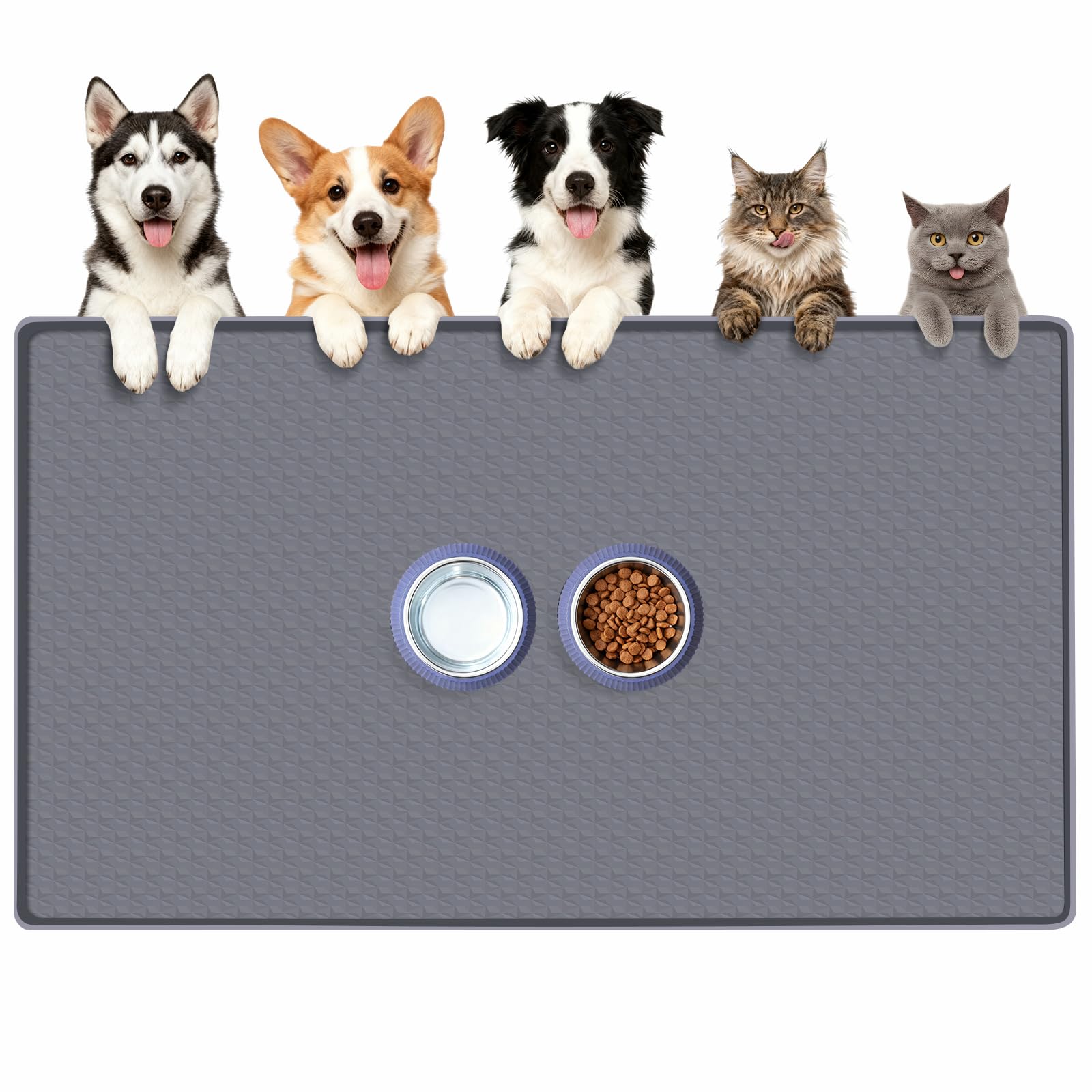 Kalolary Large Waterproof Dog Feeding Mat – Silicone Pet Food Tray with Raised Edges, Non-Slip Floor Protector for Dogs and Mult-Pets(Gray（130 * 65cm）)