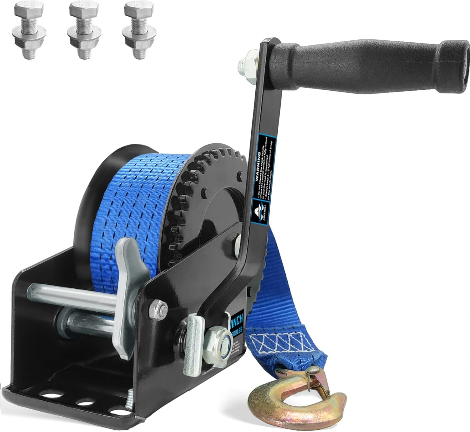 Boat Trailer Winch 3500lbs Hand Winch with 33ft(10m) Blue Strap, 4:1/8:1 Gear Hand Cable Winch with Hook, 2 Way Ratchet Manual Winch for Jet Ski Boat Towing Pulley Drag Winch
