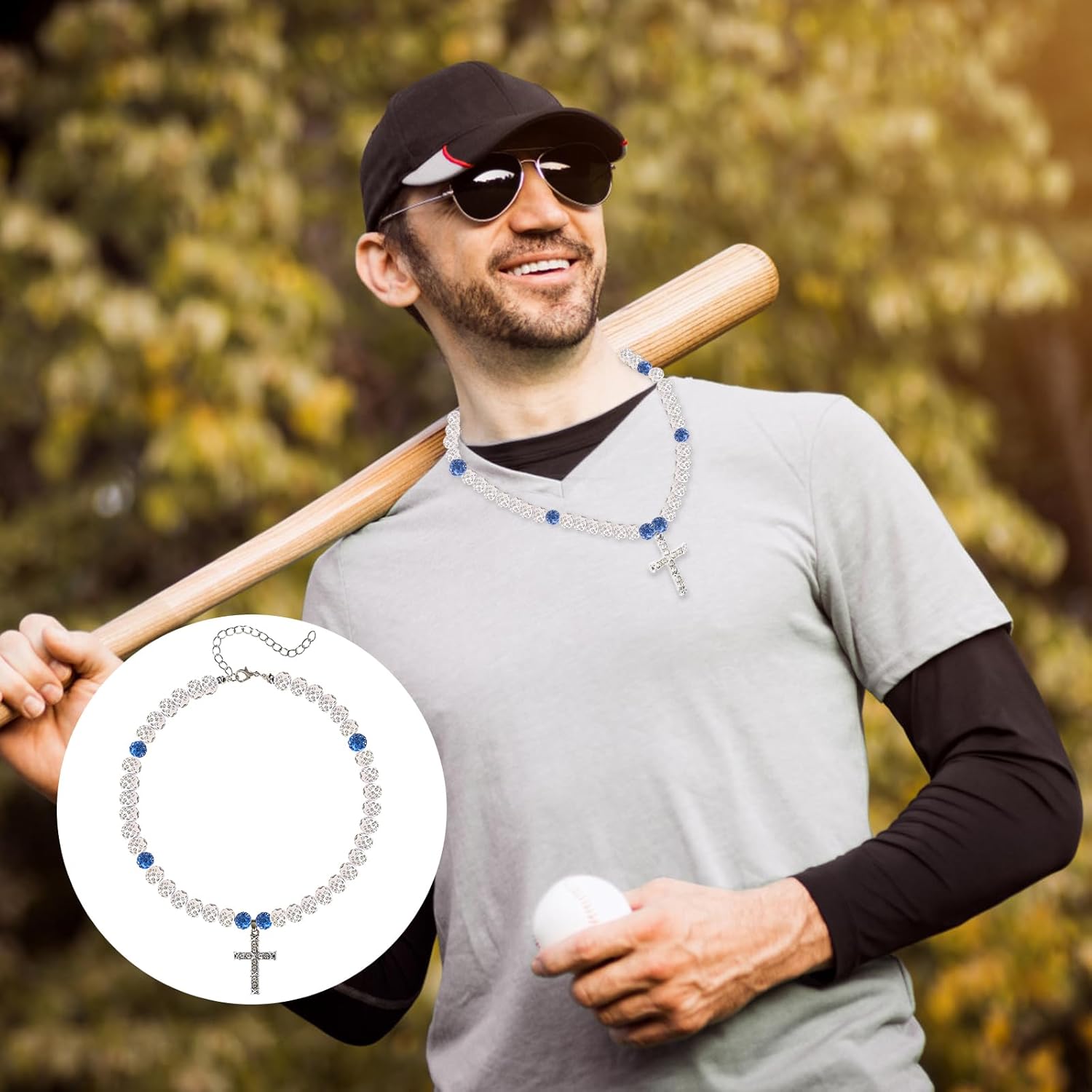 Baseball Rhinestone Necklace, 16in Cross Pendant, White Blue, Unisex Adult, Baseball Fans, Stainless Steel Chain, Casual, Rhinestone Beads - Image 6