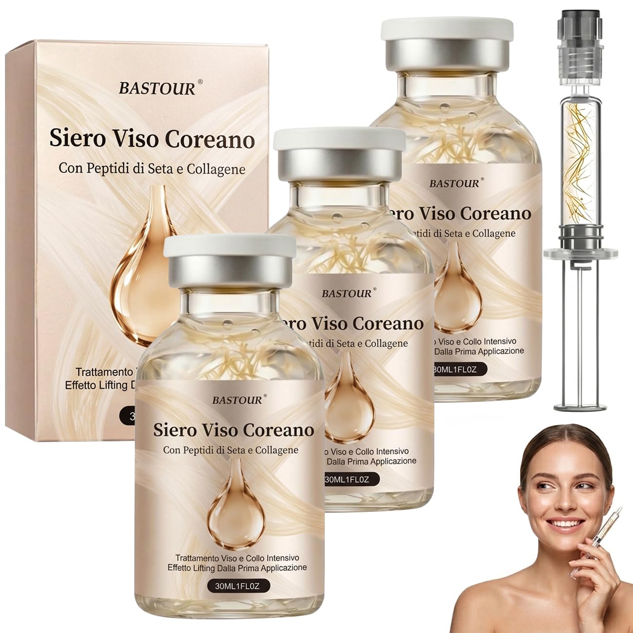 Siero Viso Coreano Lifting 30ML, Siero con Peptidi di seta e Collagene，3pc | Siero Coreano Effetto Lifting dalla Prima Applicazione, Trattamento Anti-Rughe, Idrata Profondamente e Riduce Rughe