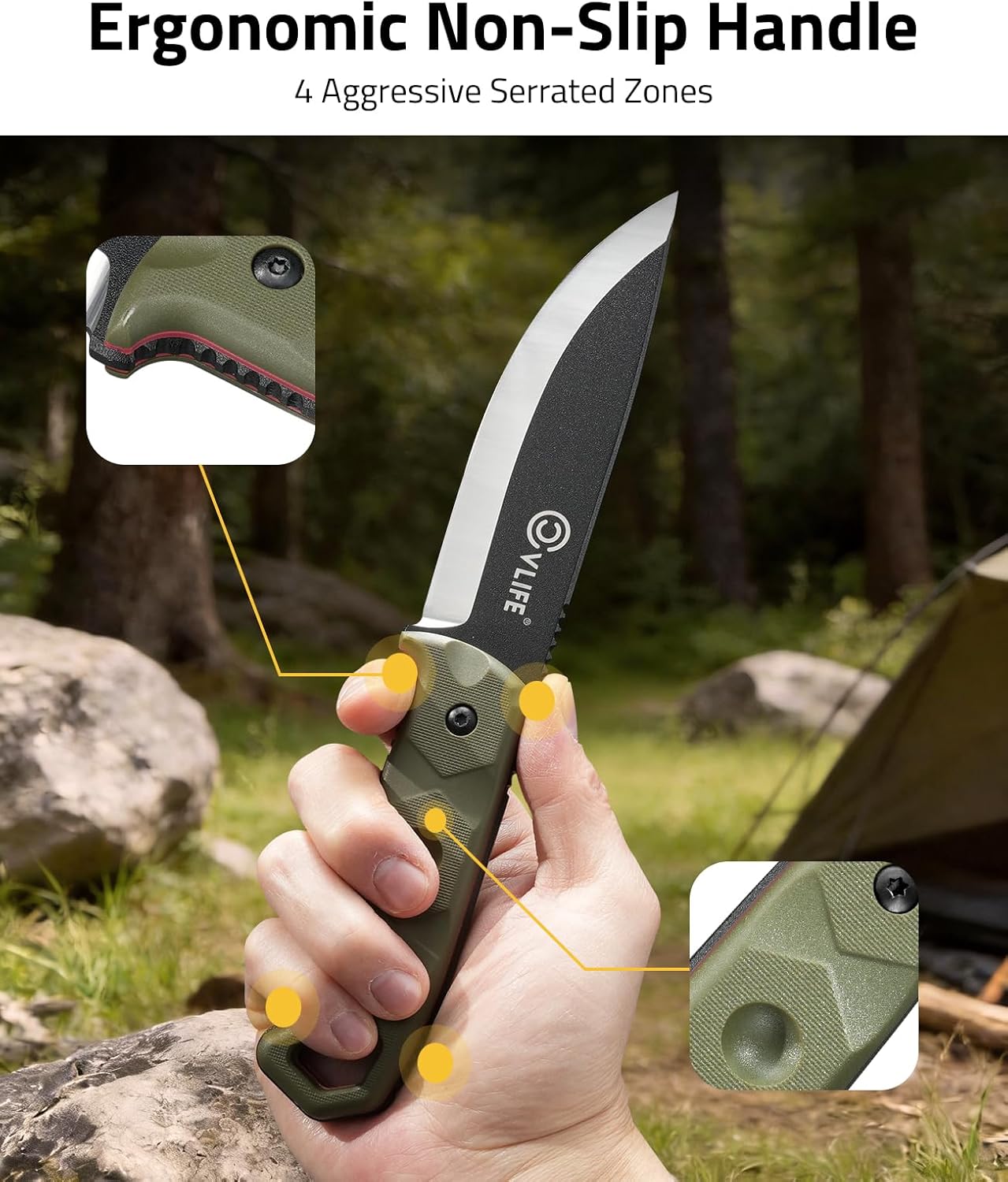 CVLIFE Full Tang Fixed Blade Knife with Sheath, Sharp 5.1'' D2 Steel Survival Knives with Ergonomic Non-Slip Handle & Multi-Angle Clip, EDC Camping Hunting Bushcraft Knives Outdoor Tools, Green