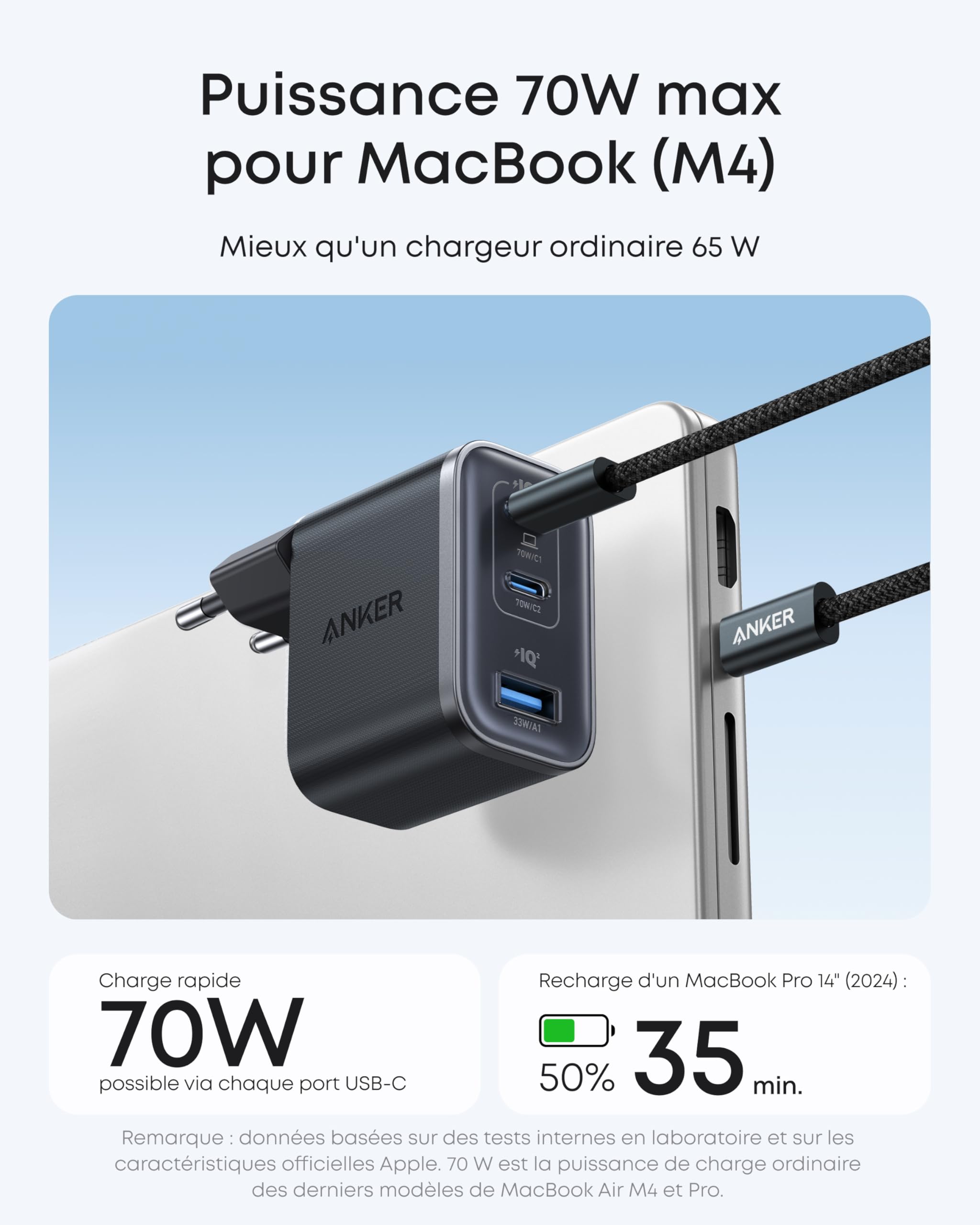 Anker Chargeur USB C 70W Nano 3 Ports, Recharge Rapide Ordinateur Portable avec Sortie UltraFast, Compact et Élégant, pour iPhone 17 16 15, MacBook Air, iPad, Pixel, Galaxy, et Autres (Câble Inclus)