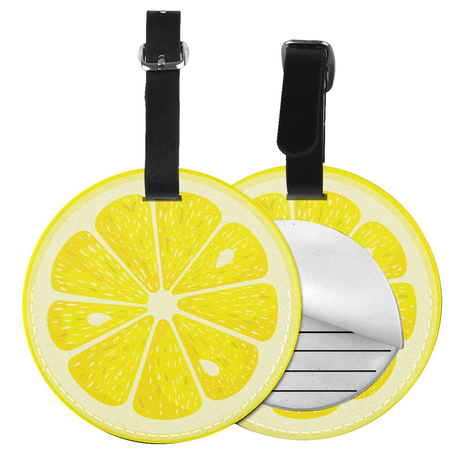 2 PCS Cute Lemon Round PU Leather Luggage Tags for Travel, Funny Yellow Fruit Circle Bag Tag Name ID Labels with Privacy Cover for Suitcases Backpack