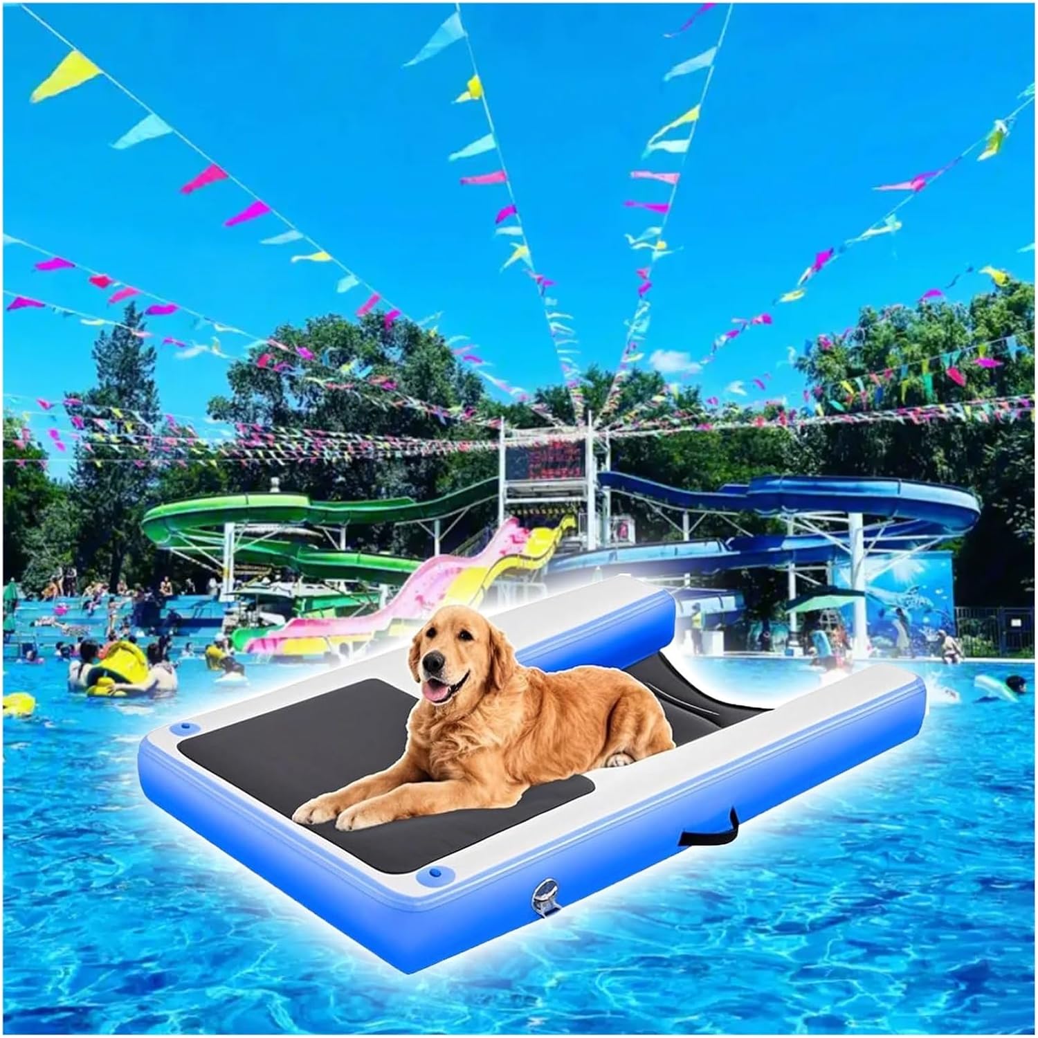 HAIXHX Dog Ladder for Pool, High Visibility Reusable Collapsible Dog Boat Ramp with Pump/Fixing Rope/Repair Kit, Inflatable Floating Platform for Small Medium Large Dogs(Blue)