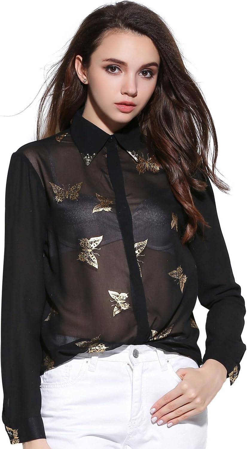 CBRL Women's Long Sleeve Butterfly Print Casual Chiffon Blouse (S, Black)