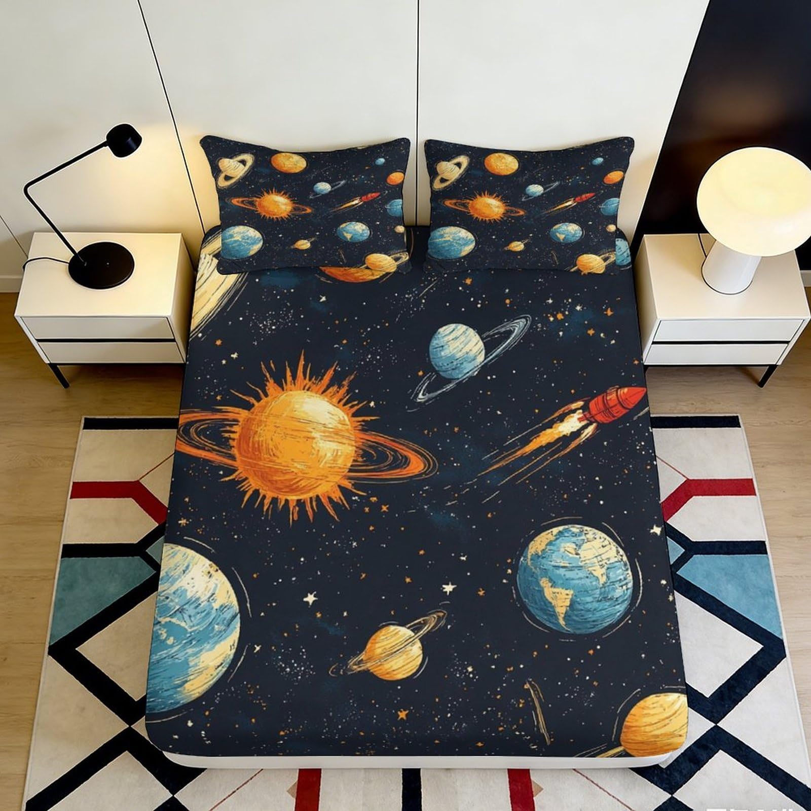 Pnayamiorkfel Style-4 3D Printed Solar System Fitted Sheet Microfiber Anti-Slip Space Planets Mattress Cover For Bedroom Dorm Decor 90X200x25cm