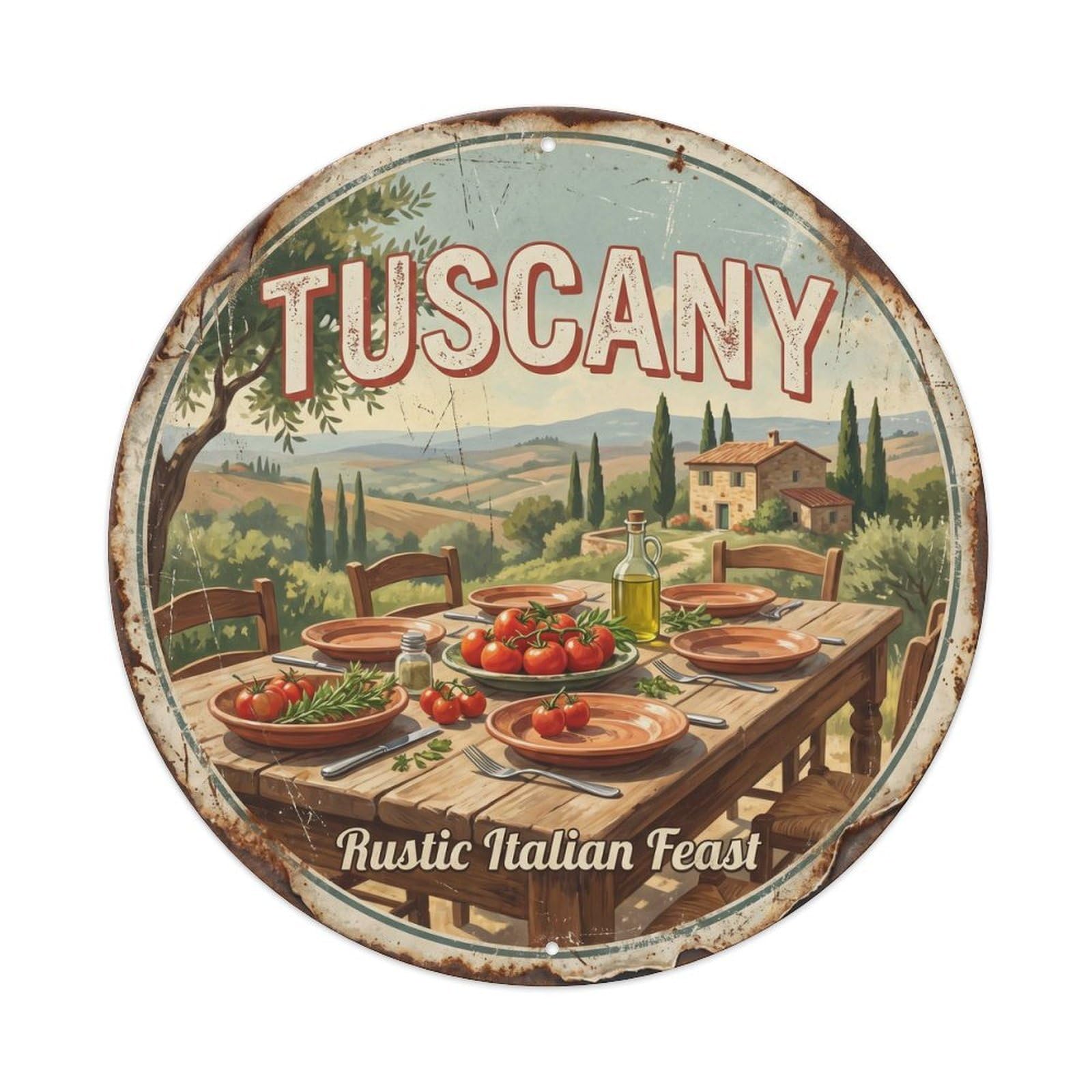 Vintage Travel Italian Cuisine Tuscany Metal Tin Sign Plaque Wall Decor for Cafe, Club, Garden Round Metal Poster 8x8Inch