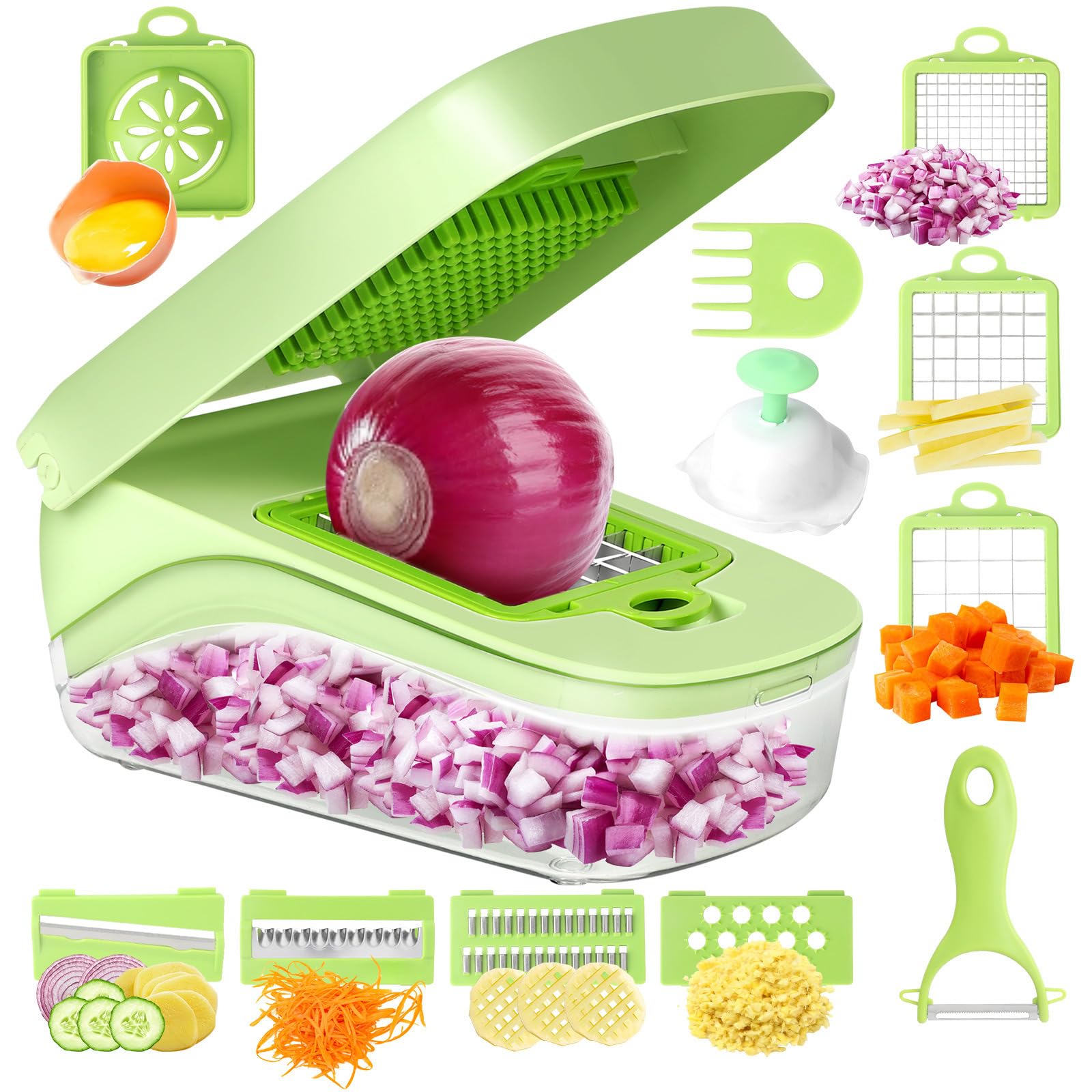 Hopper à légumes multifonctionnels, 17 dans 1, hachoir de légumes de la nourriture Slicer de mandoline avec récipient, pour l'oignon, l'ail, la carotte, la pomme de terre, les fruits