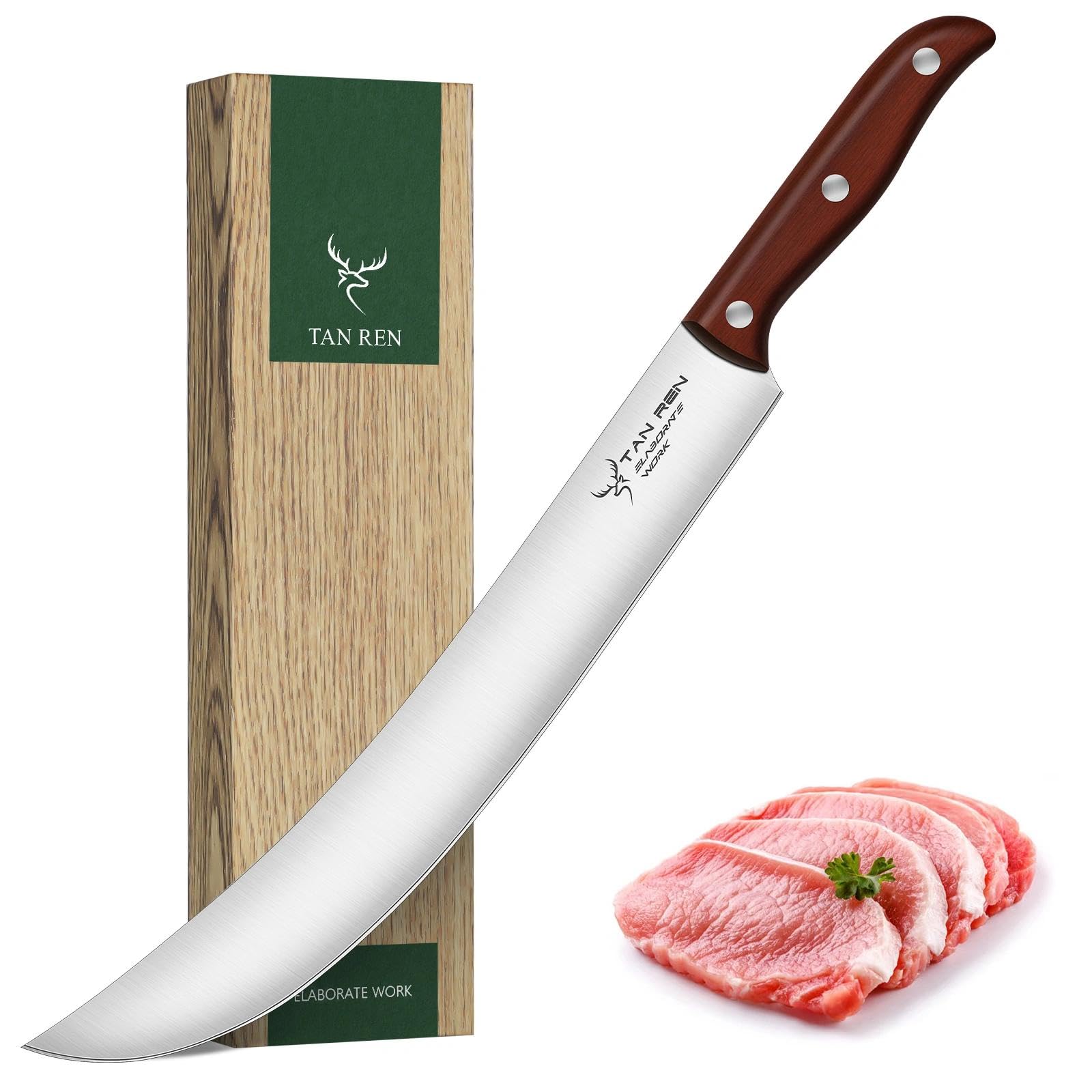 TAN REN Butcher Brisket Knife for Meat Carving, 12 Inch Cimeter Meat Slicing Knife with Wood Handle, Full Tang Breaking Knives for BBQ and Turkey