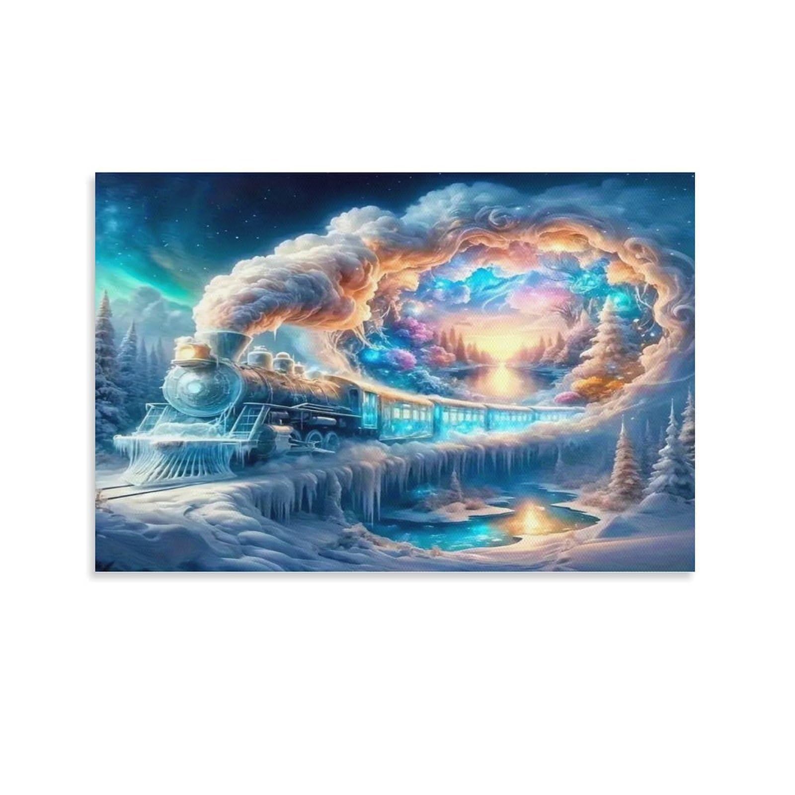 CPLVKWRQJ Snowy Train to Fairy Tale Castle Single Magical Icy Steam Train Winter Aurora Woods Canvas Wall Art - Birthday Gift Office Canvas Print Fade Resistant Wall Decor 12x18inch(30x45cm)