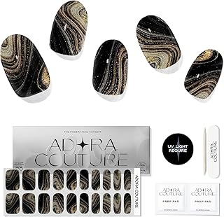 Semi Cured Gel Nail Strips with 20 Pieces - UV Gel Stickers, Manicure Kit, Easy Application Wraps Includes Prep Pads, Nail File, Wooden Stick - UV Light Required (Black Milkyway)