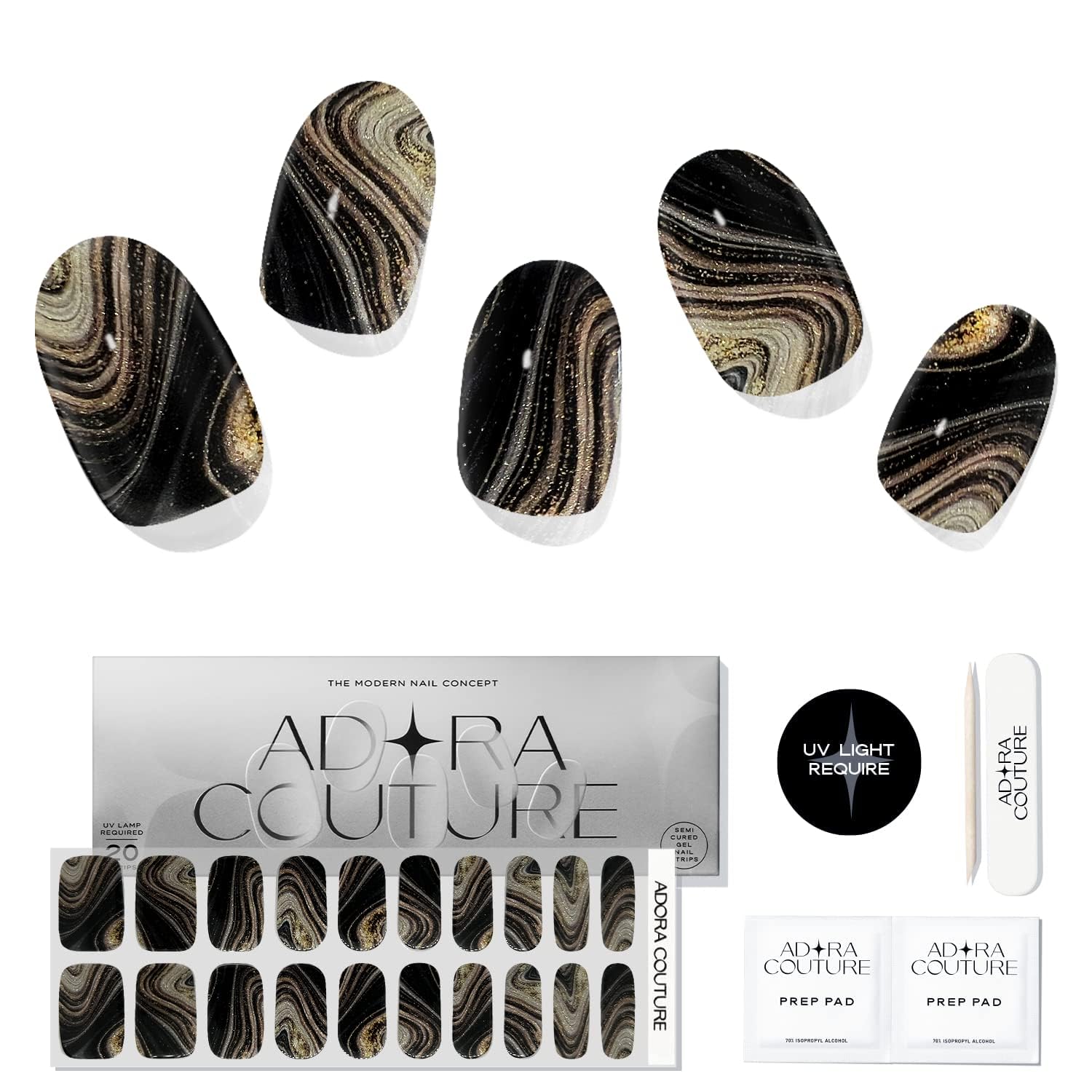Adora Couture Semi Cured Gel Nail Strips with 20 Pieces - UV Gel Stickers, Manicure Kit, Easy Application Wraps Includes Prep Pads, Nail File, Wooden Stick - UV Light Required (Black Milkyway)