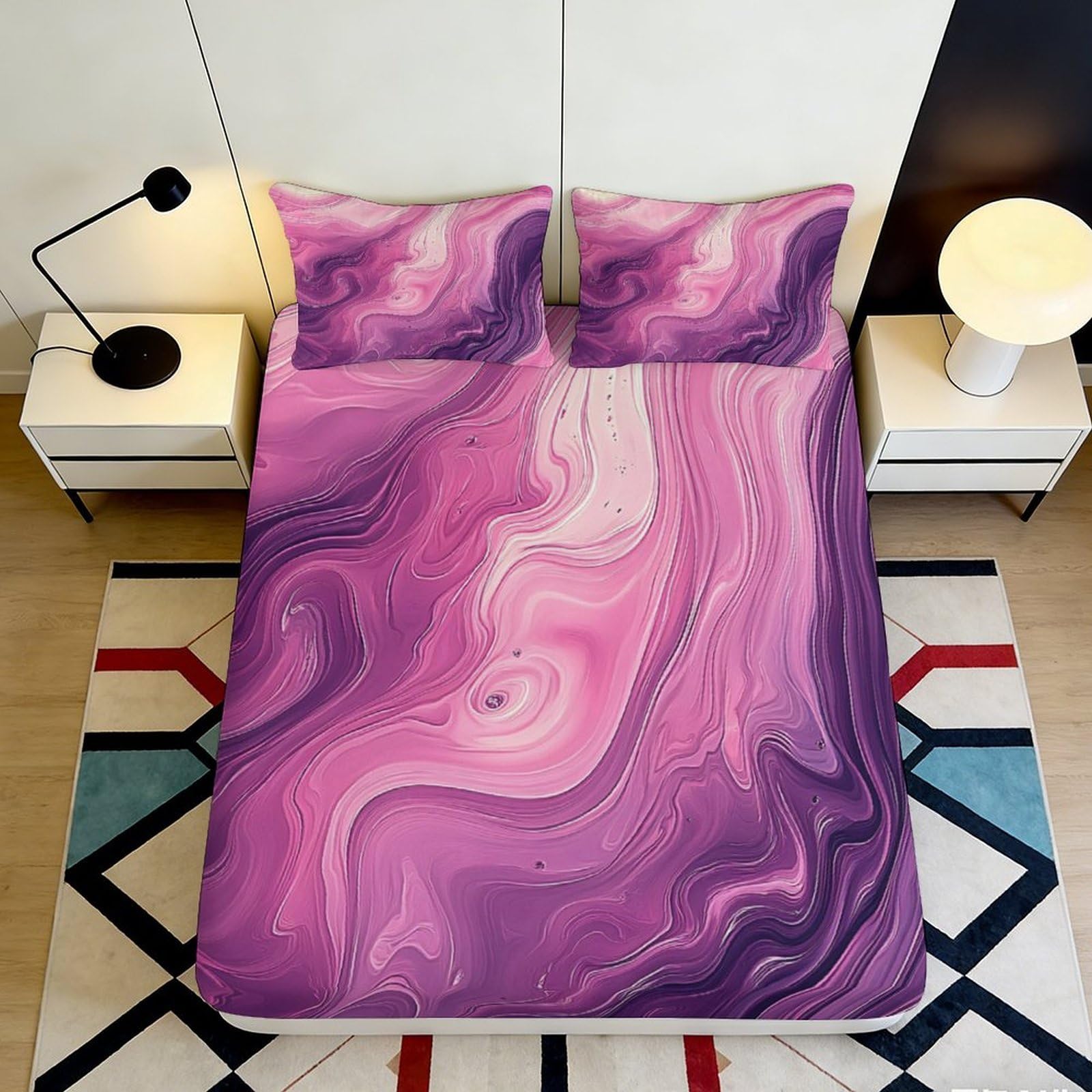 3D Printed Marble Swirl Fitted Sheet Microfiber Pink Purple Wave Mattress Cover for Bedroom Dorm Room Decorative Protection 90x200x25cm