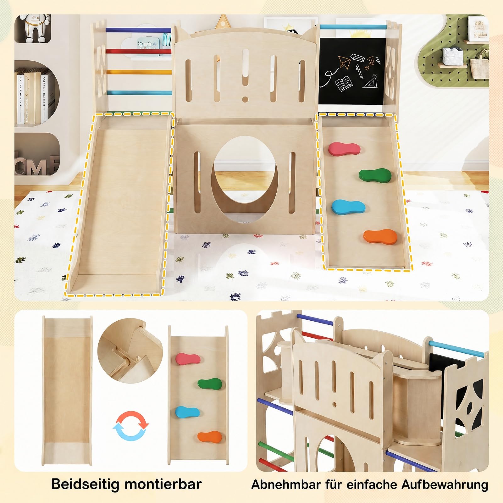COSTWAY Kinder Rutsche Klettergerüst, 8-in-1 Indoor Spielplatz (Farbig) | Holz Rutsche mit Kletterleiter & Kletterrampe, Tunnel, Tafel, Stauraum, für Kinder ab 3 Jahren