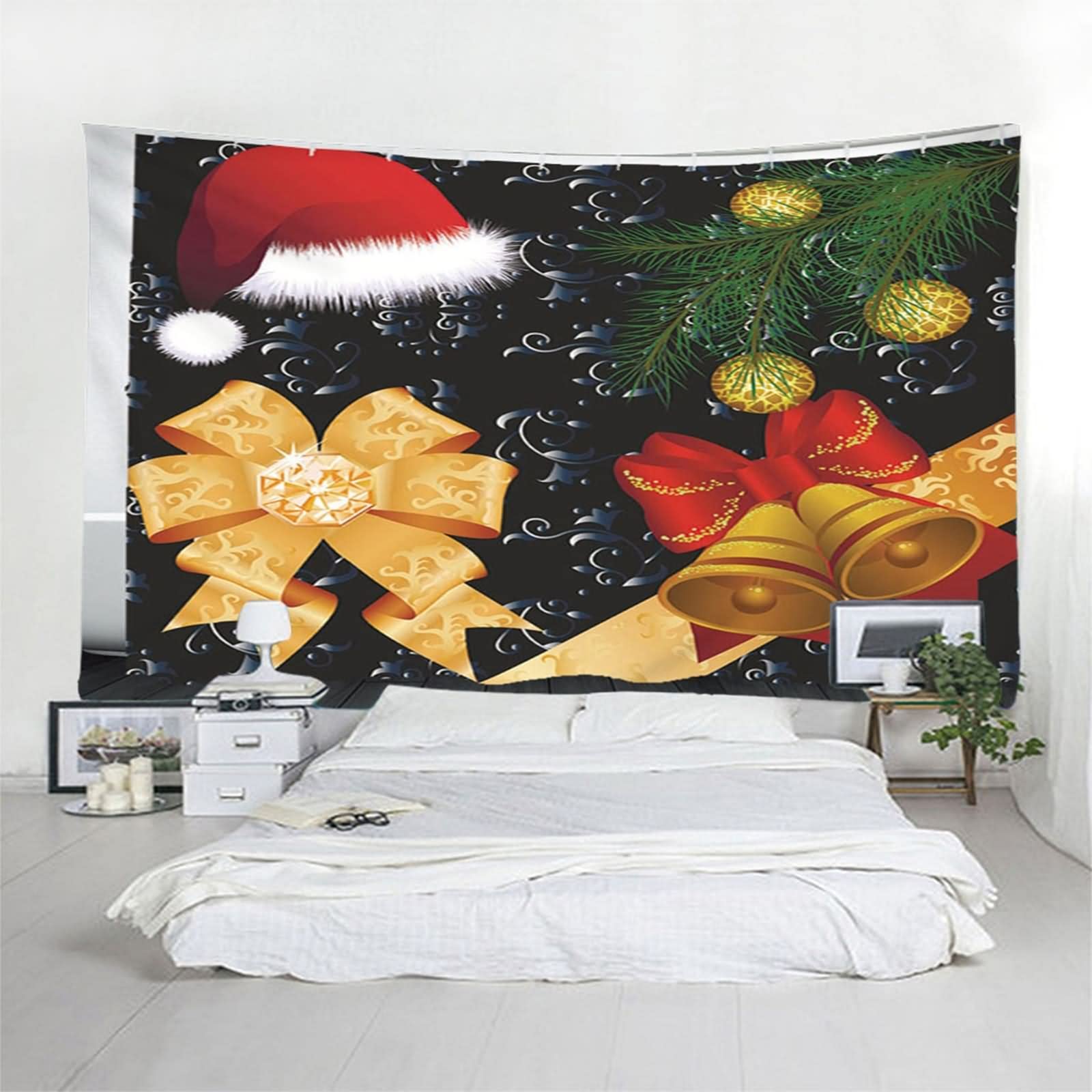 Wandtuch Quer, Wandbehang Aesthetic Weihnachtsmütze und Klapperschlange Gold Rot Schwarz Polyester 210X140cm
