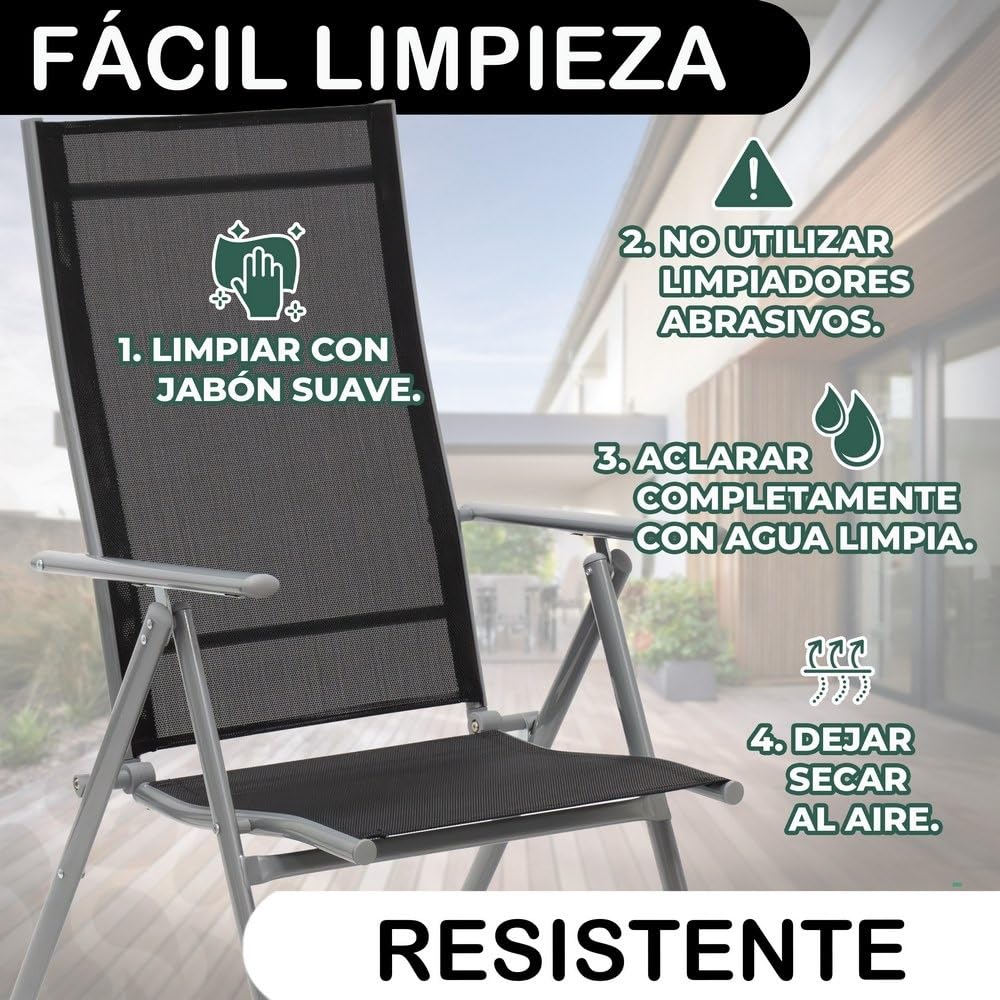 LOLAhome 2 sillas Camping jardín y terraza Plegables y reclinables de 7 Posiciones de Acero Gris con Epoxi anticorrosión y textileno Reforzado Negro