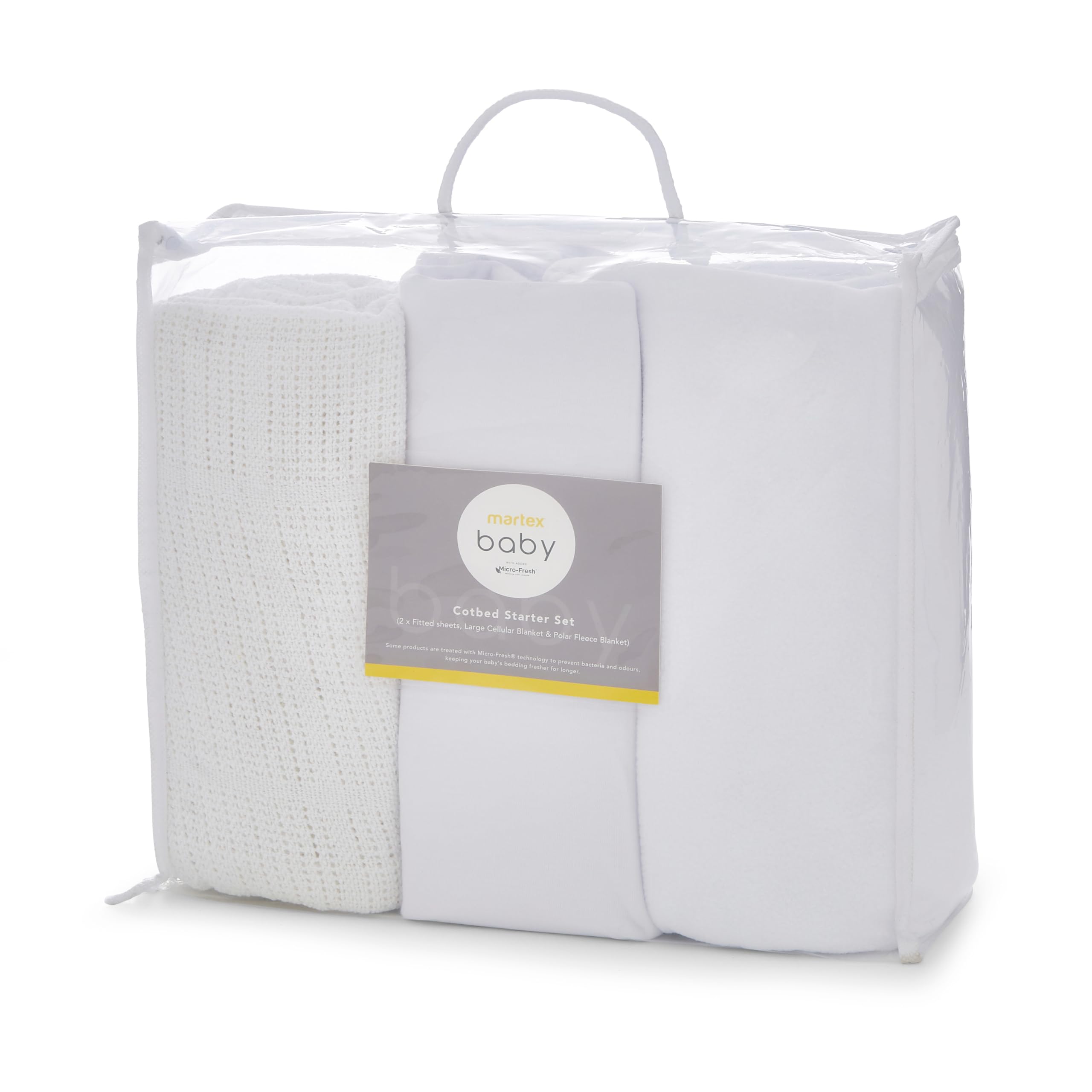 Vision Linens White Martex Baby Toddler Cot Bed Starter Set – Includes Two Cotton Fitted Sheets, One Cellular Blanket, One Polar Fleece Blanket – Anti-Allergy, Antimicrobial