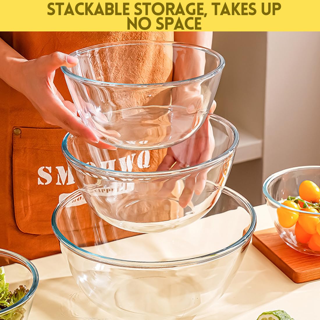Szklana miska do mieszania, szklana miska z pokrywką, okrągła, zestaw 3 sztuk (1050 ml, 2700 ml, 4400 ml), nie zawiera BPA, do kuchni, żywności, gotowania, pieczenia