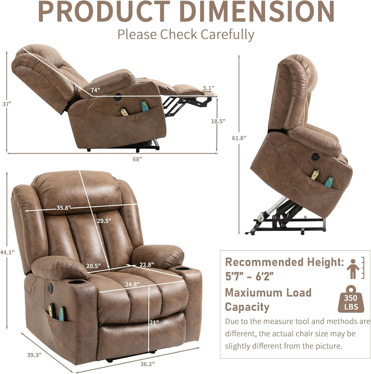Large Power Lift Recliner Chair for Elderly Tall Man, Overstuffed Widen Massage Electric Recliner with Heat Vibration, Extended Footrest, Cup Holders, Side Pockets & USB Ports, Brown