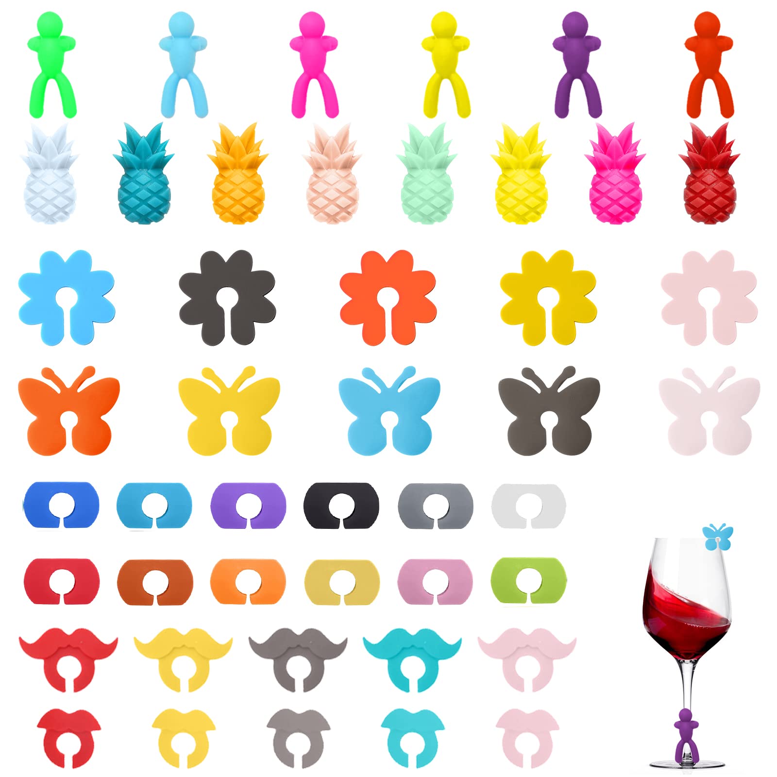 VEGCOO 46 Pennarelli Per Bicchieri In Silicone, Set Segna Bicchiere Riutilizzabili Per Vino E Cocktail, 6 Stili Multicolore - 2
