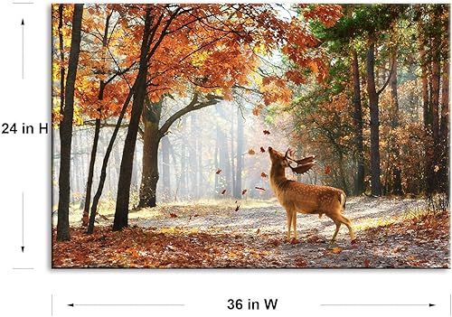 Miniatura 7 de TEKMENT Arte de pared de bosque otoñal de ciervos para sala de estar, hermoso lienzo Sika Wild Animal en la mañana con hojas que caen, decoración de